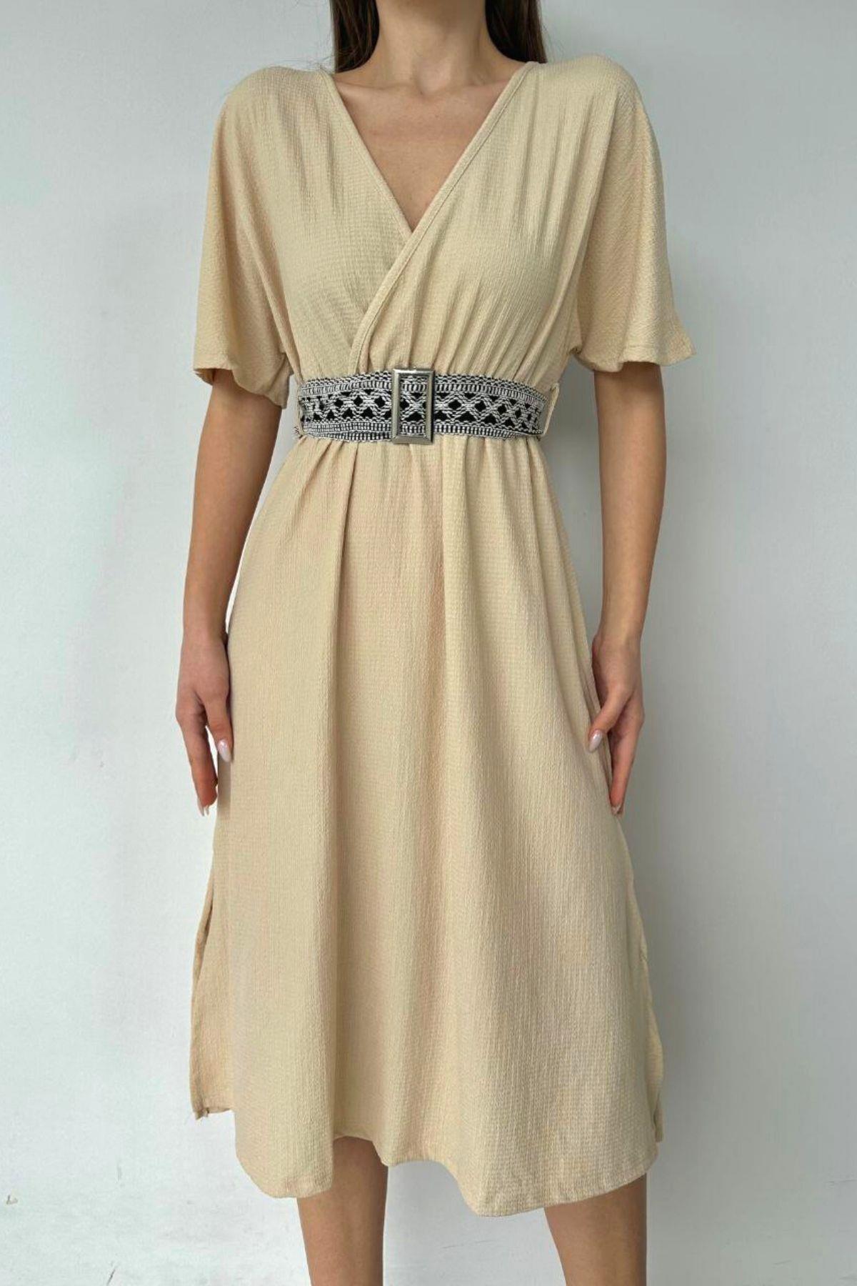 Kruvaze Yaka Kemerli Bürümcük Elbise Bej