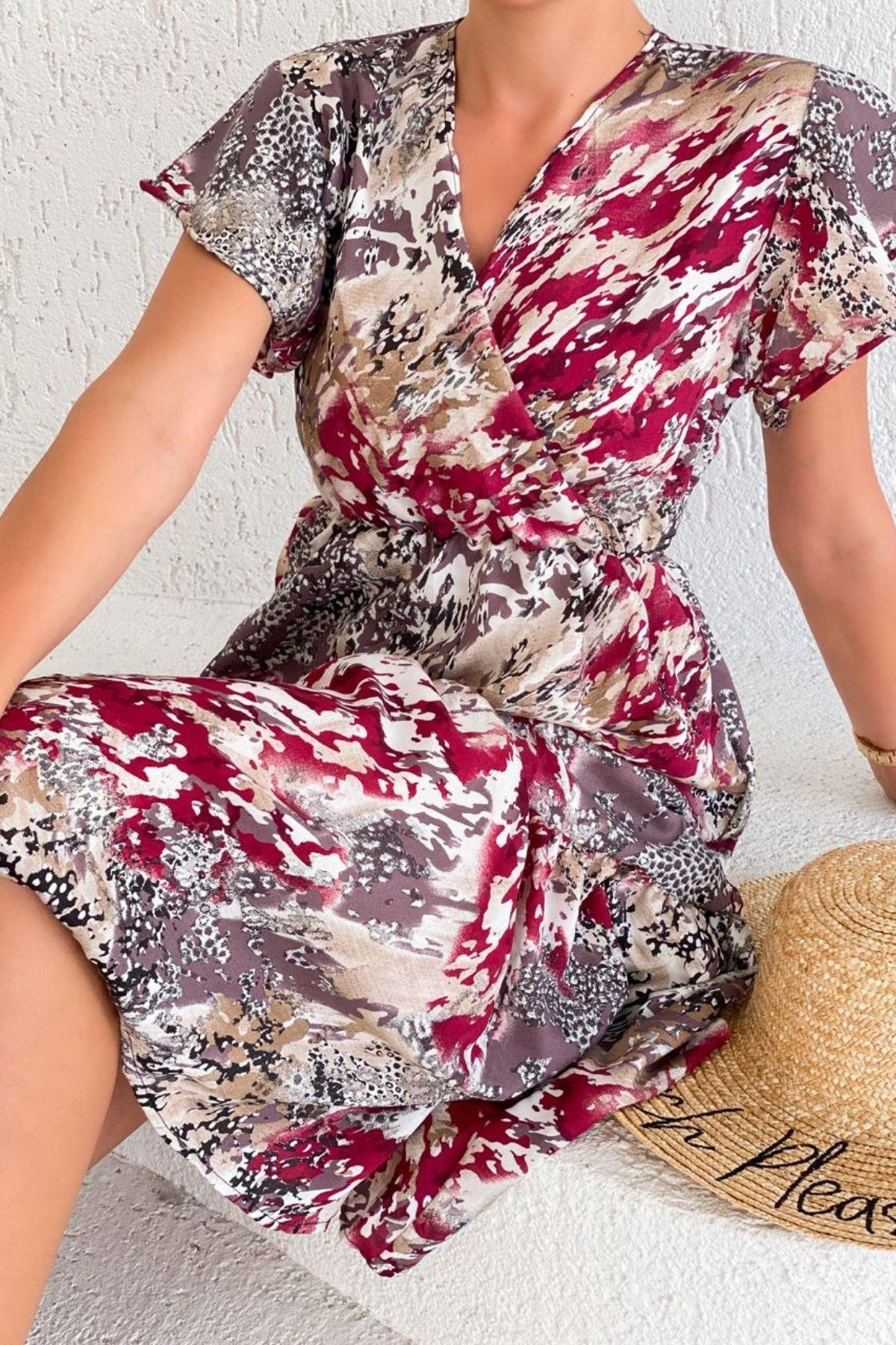 Kruvaze Yaka Kolları Fırfırlı Elbise Bej