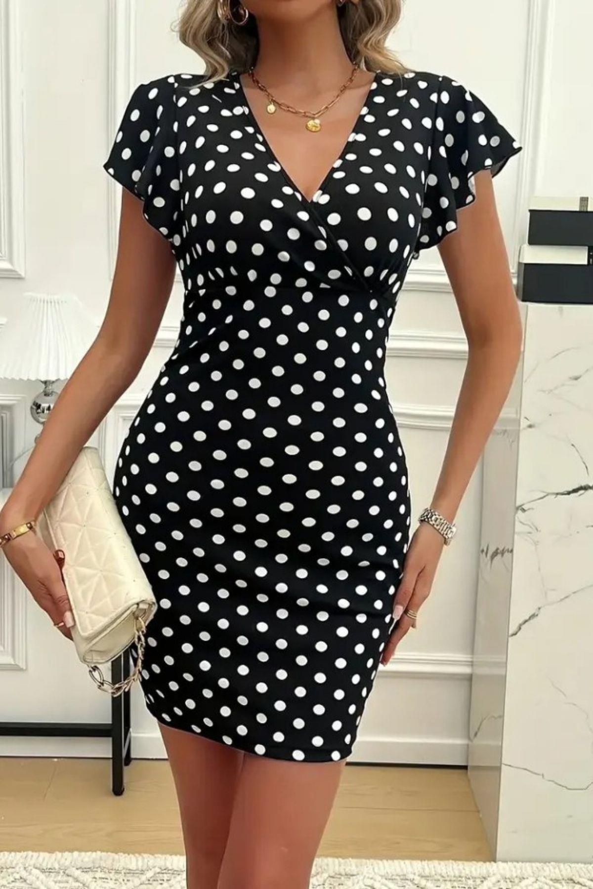 Kruvaze Yaka Puantiye Desen Krep Elbise Siyah