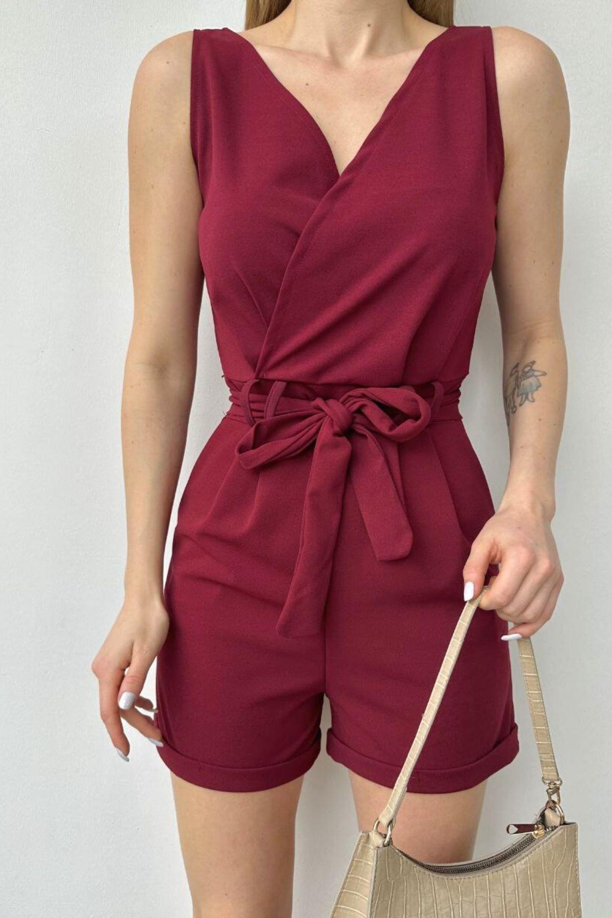 Kruvaze Yaka Şort Tulum Bordo