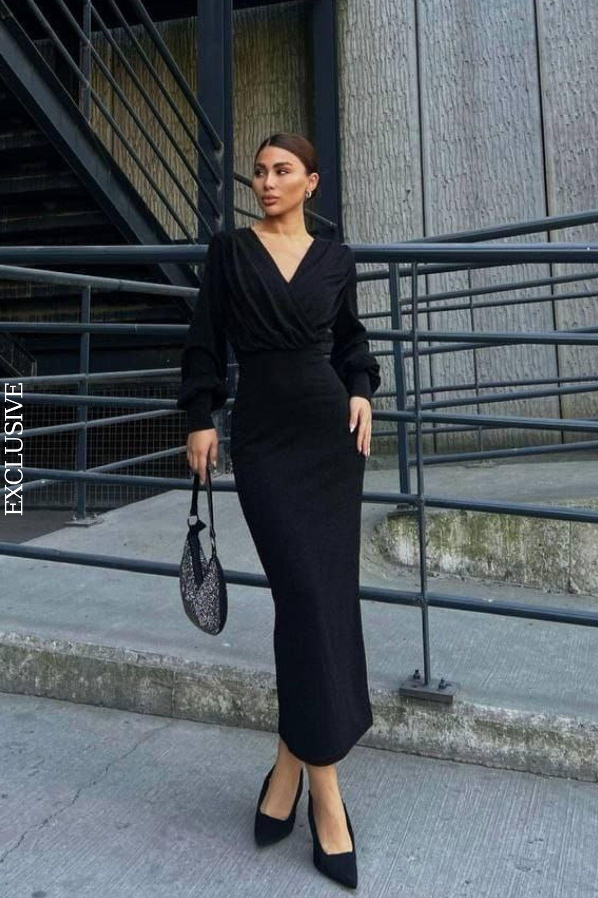 Kruvaze Yaka Uzun Kol Simli Midi Elbise Siyah