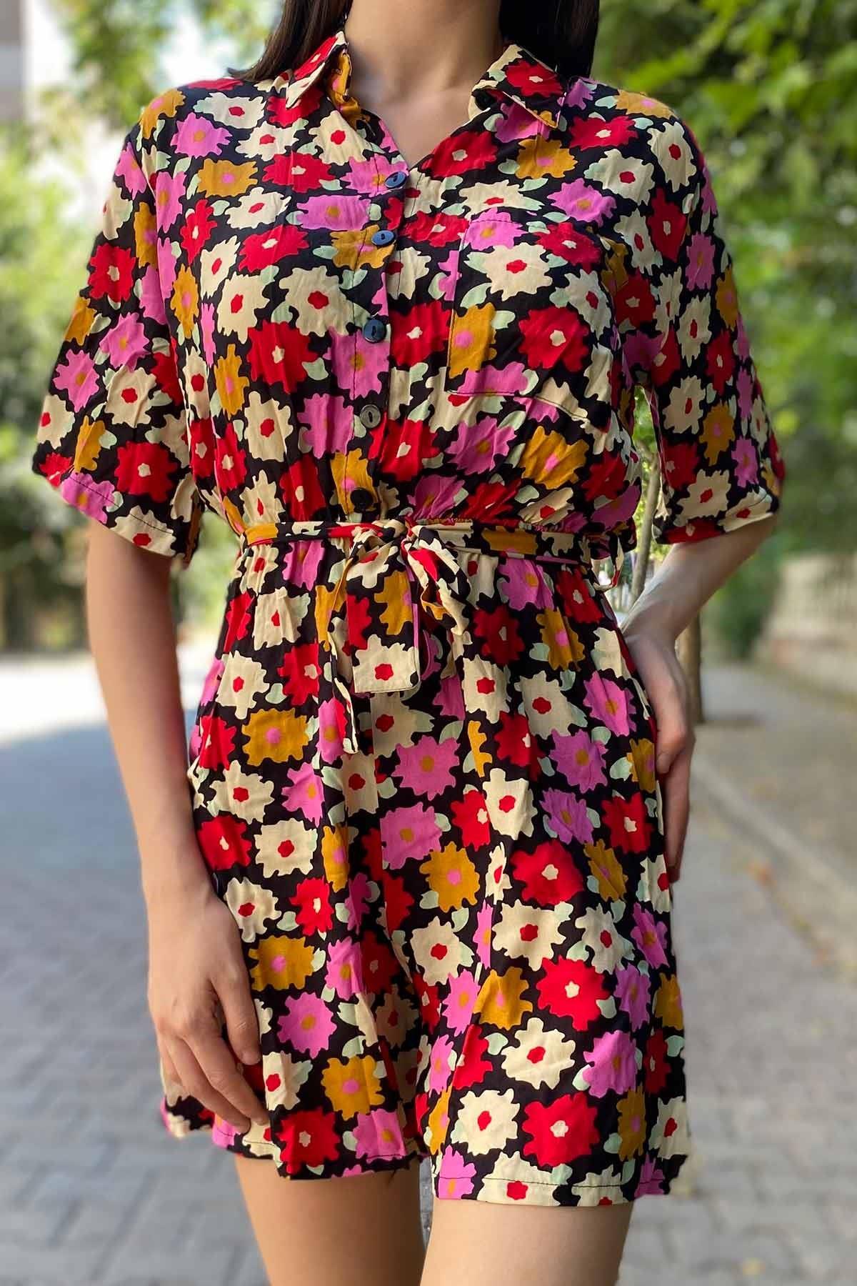 Kuşaklı Çiçek Desen Tulum Siyah