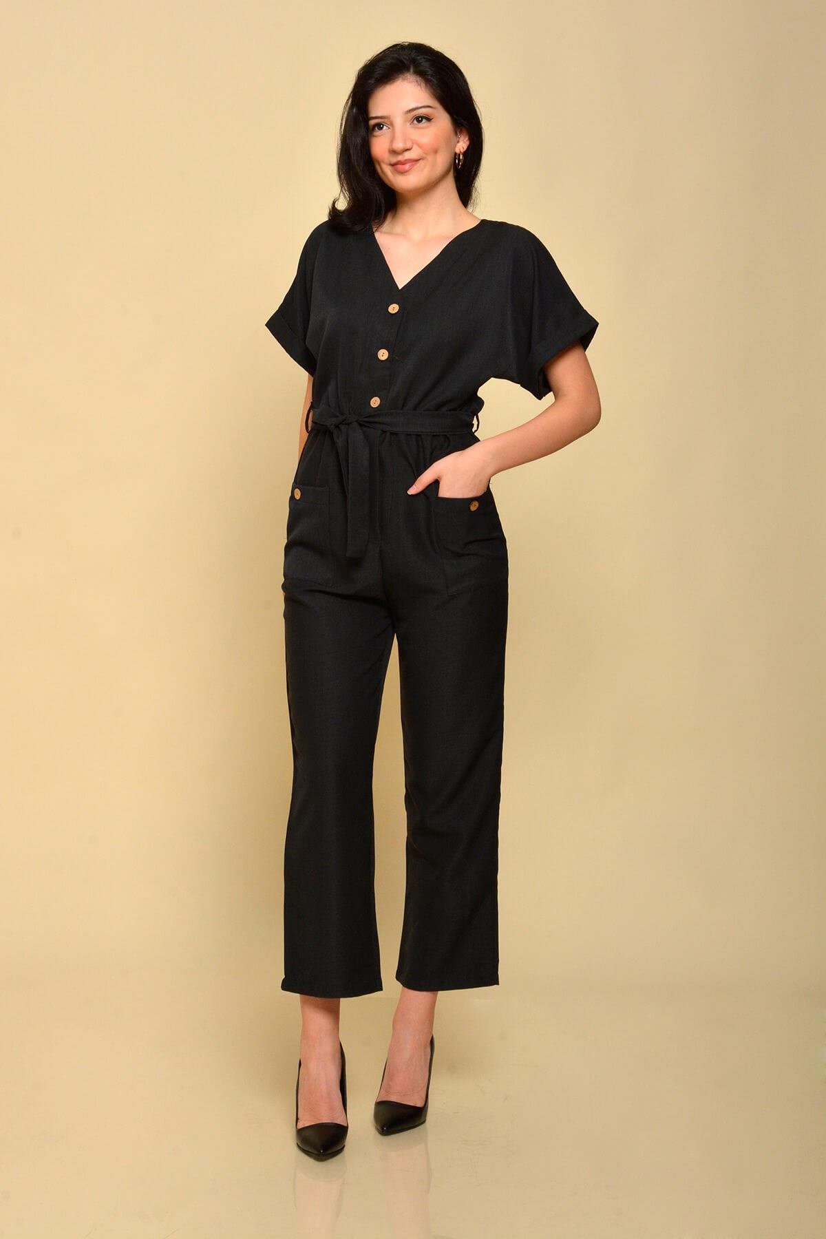 Kuşaklı Keten Tulum Siyah