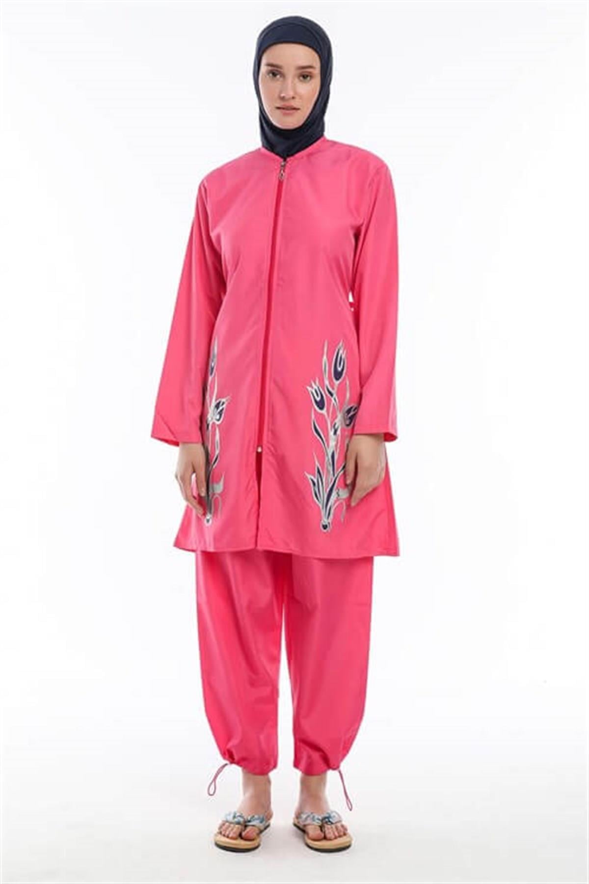 Lale Baskılı Tam Tesettür Mayo Pembe