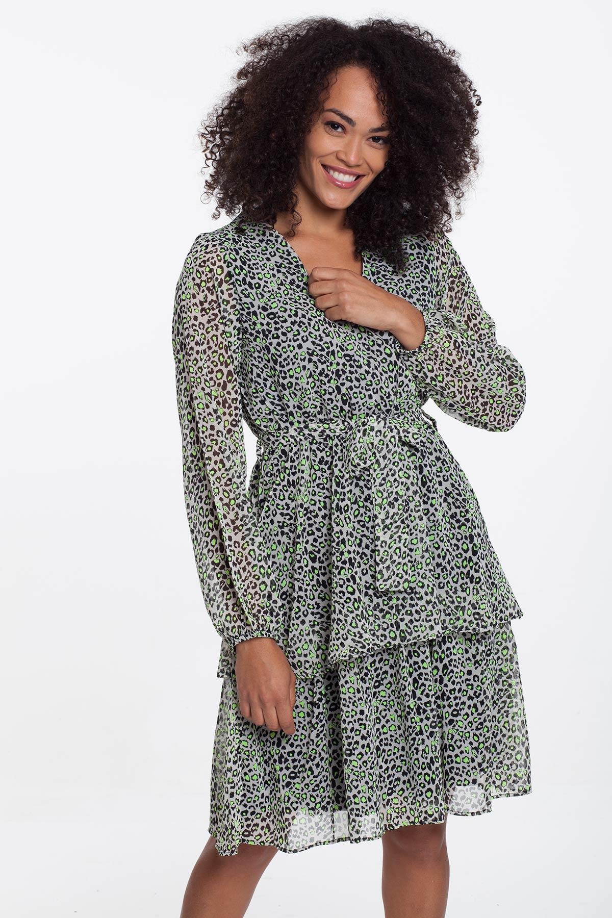 Leopar Astarlı Şifon Elbise Bej