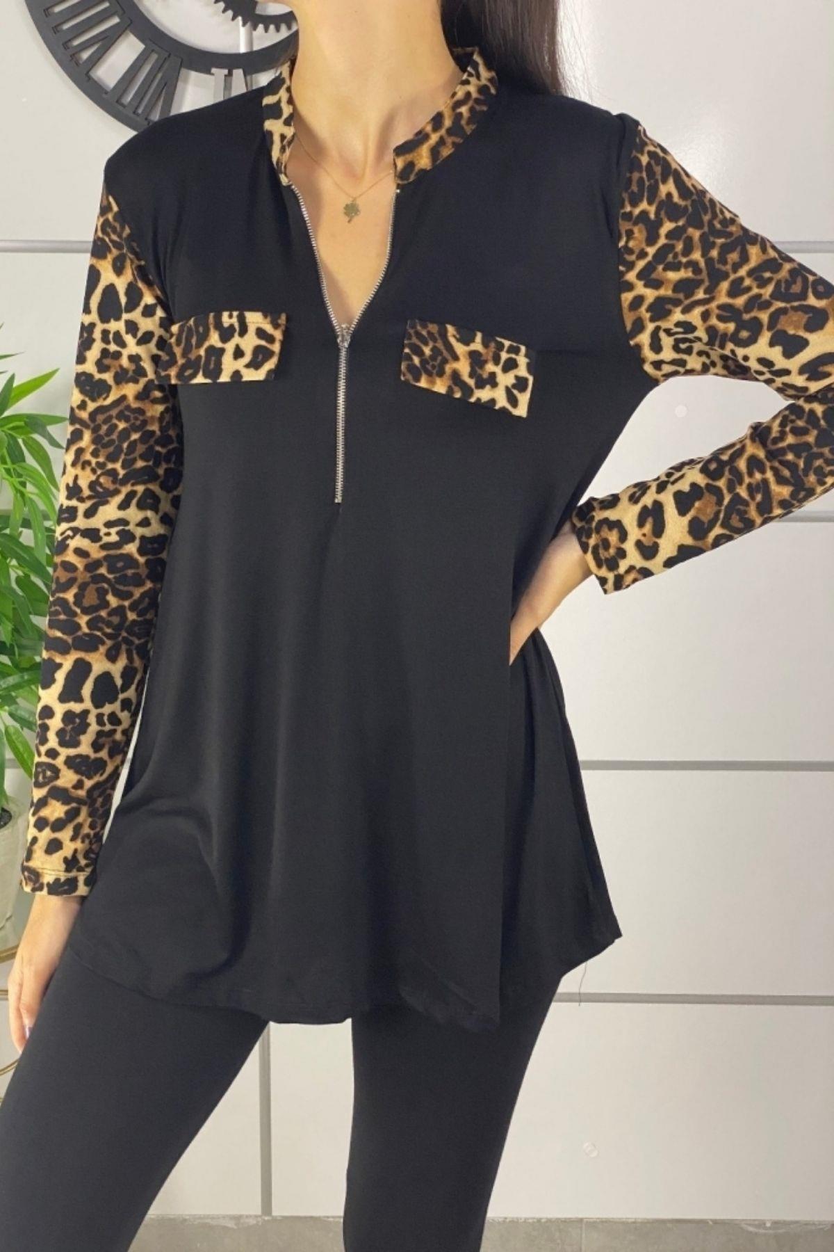 Leopar Desen Fermuar Detay Viskon Kumaş Bluz