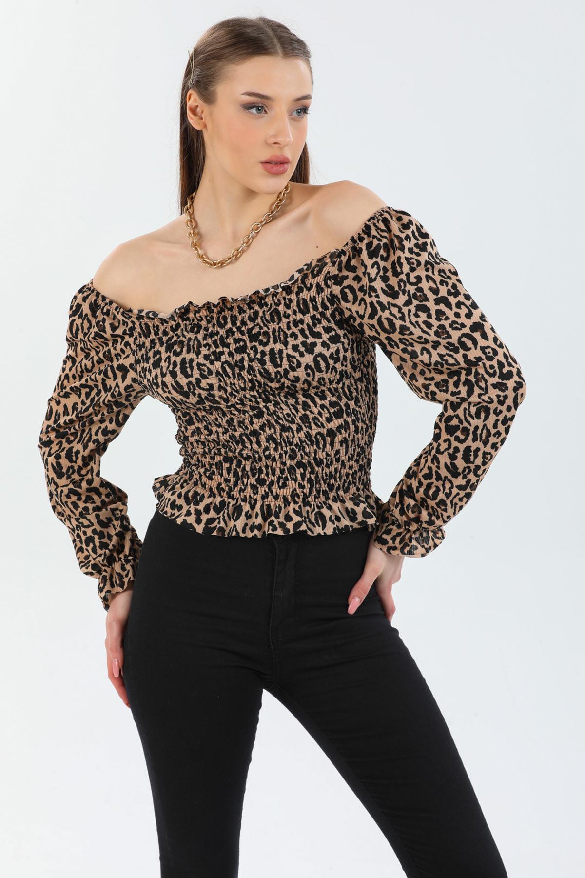 Leopar Desen Gipeli Ayarlanabilir Bluz