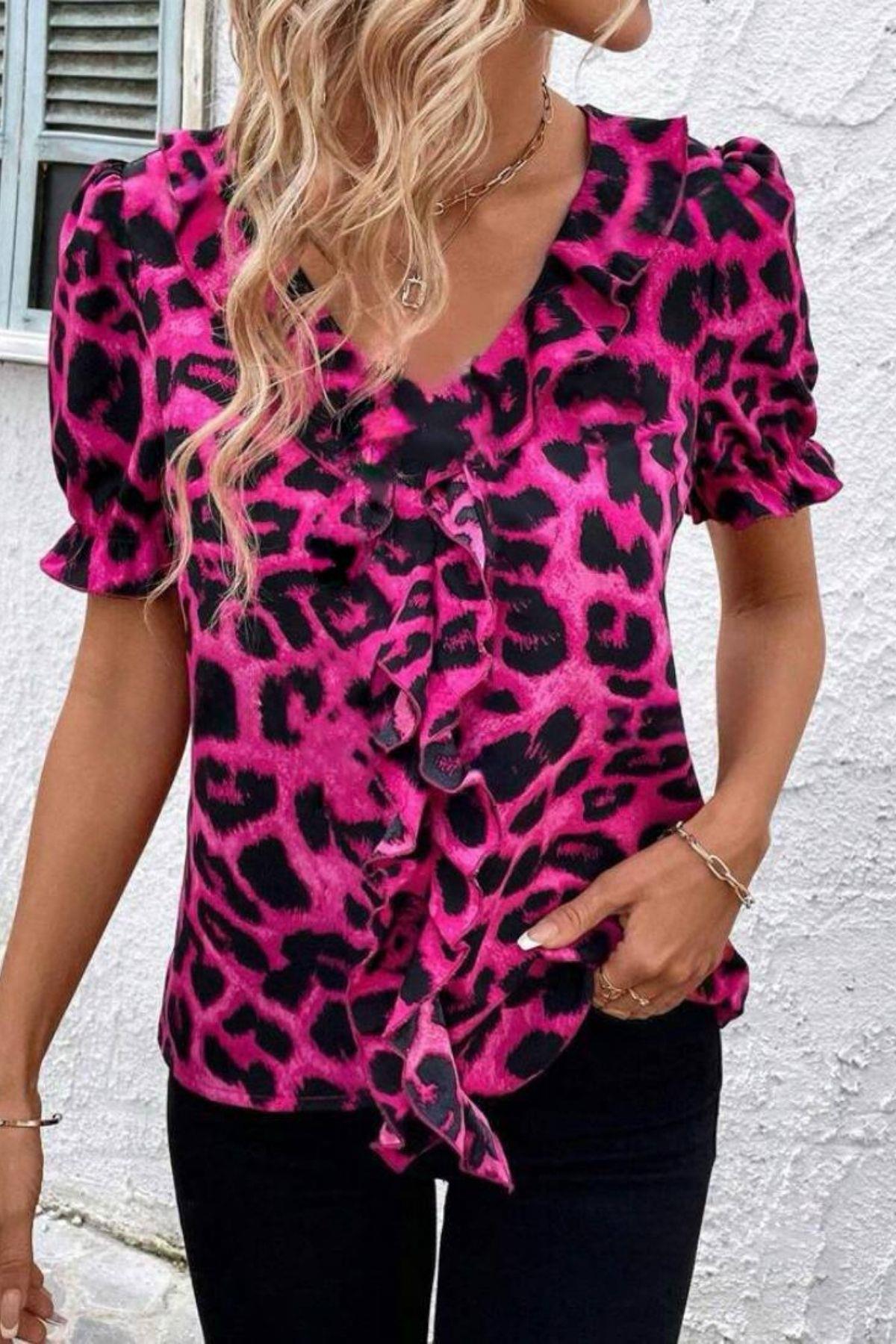 Leopar Desen Önü Fırfırlı Mikro Kumaş Bluz Fuşya