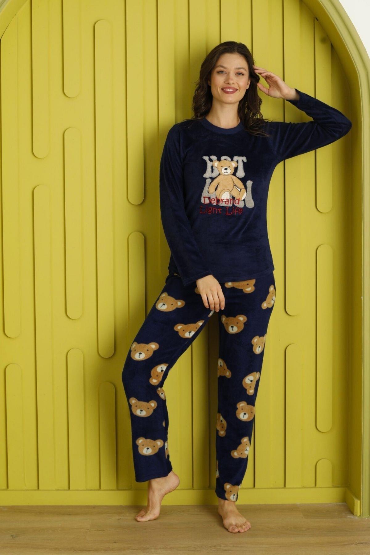 Light Life Bear Kadife Pijama Takımı Lacivert