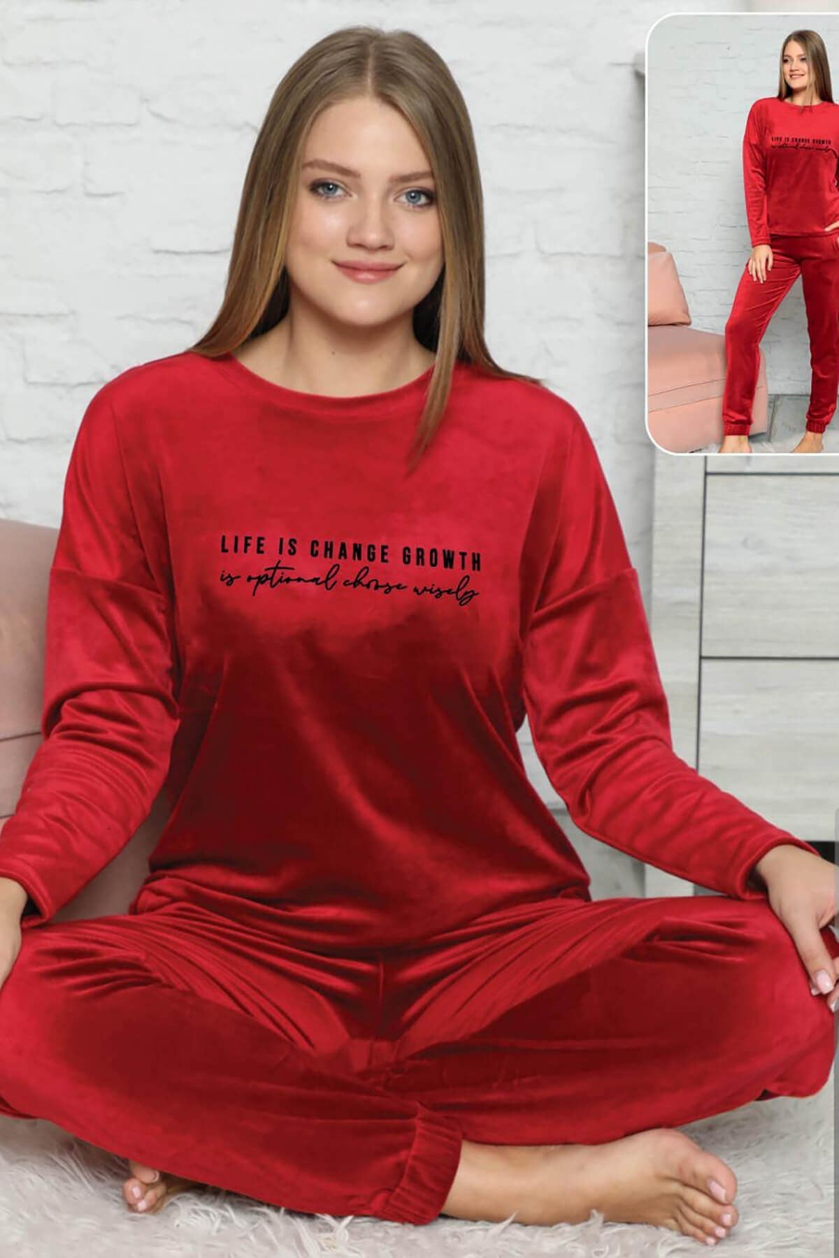 Likralı Kadife Pijama Takımı Kırmızı