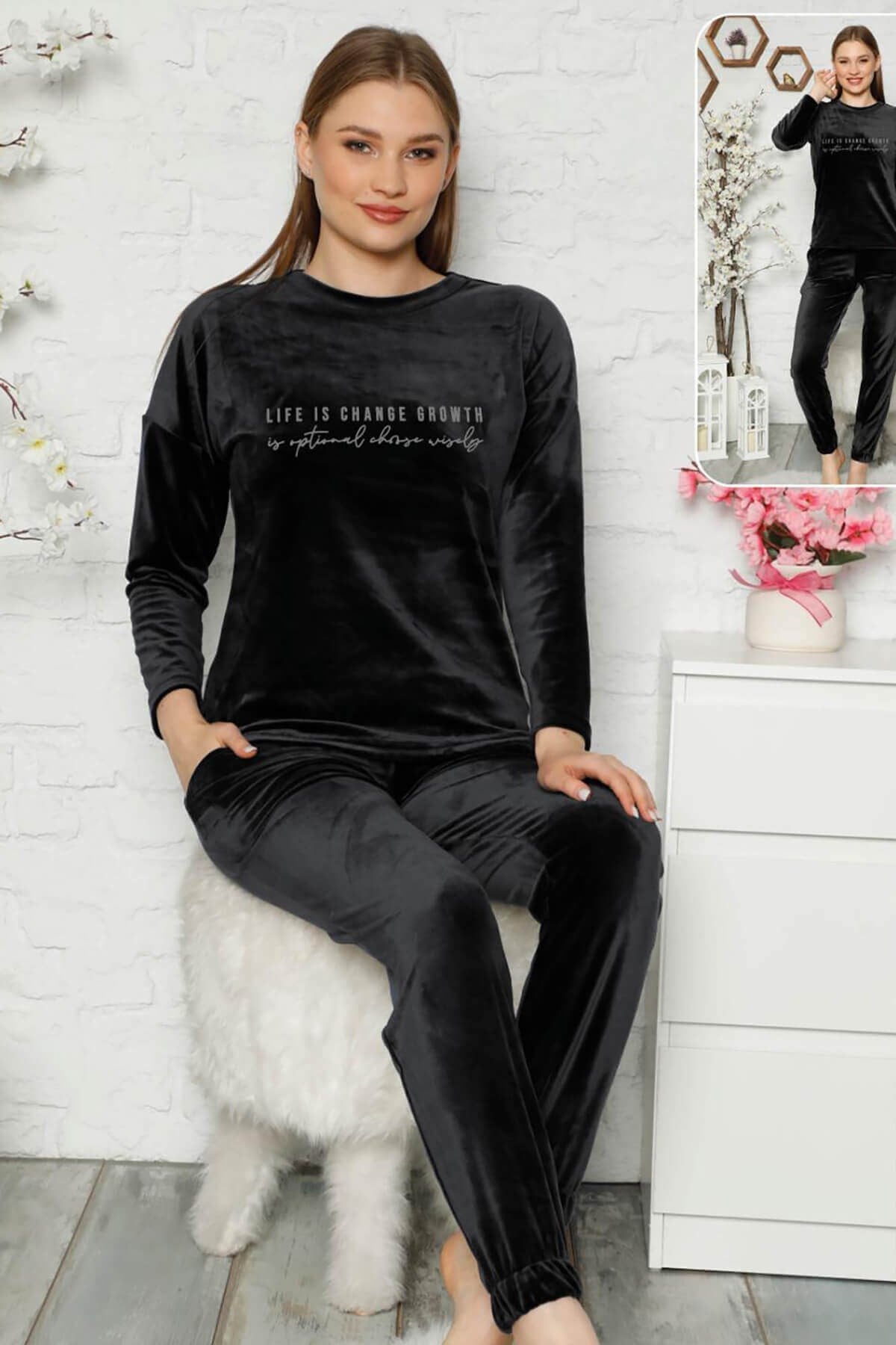 Likralı Kadife Pijama Takımı Siyah
