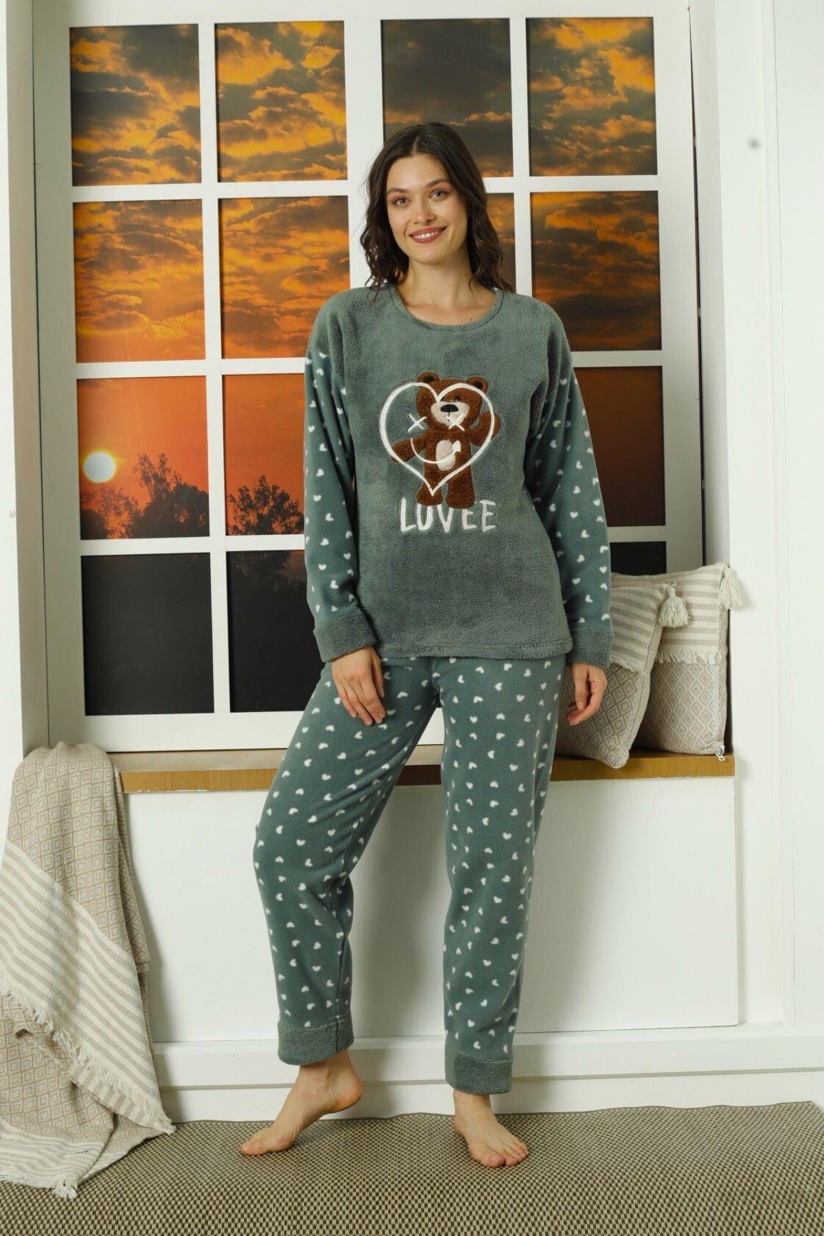 Love Kalp Desenli Polar Pijama Takımı Yeşil