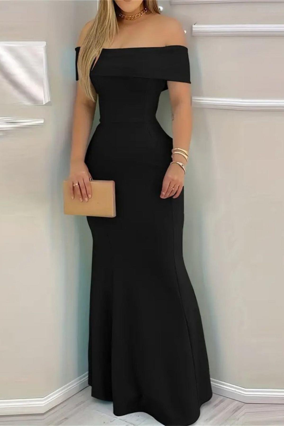 Madonna Yaka Bel Oturtmalı Uzun Elbise Siyah