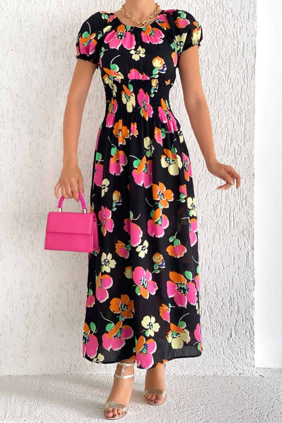 Madonna Yaka Gipeli Elbise Siyah Pembe