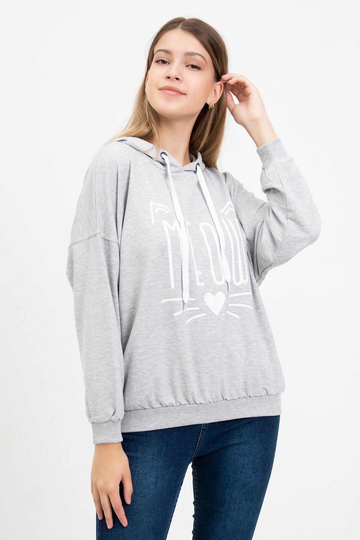 Meow Baskılı Sweatshirt Gri
