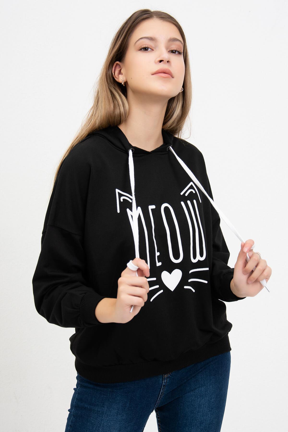 Meow Baskılı Sweatshirt Siyah