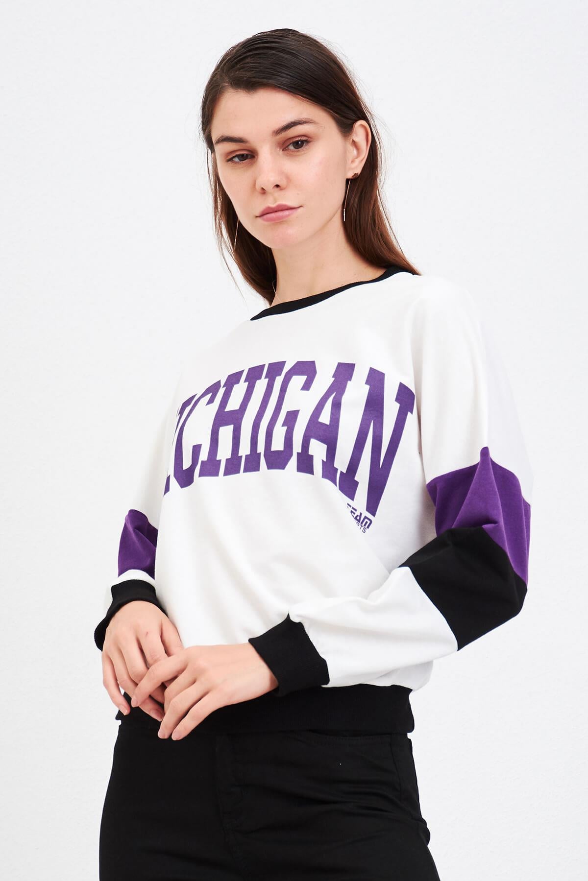 Michigan Baskılı Sweat Mor