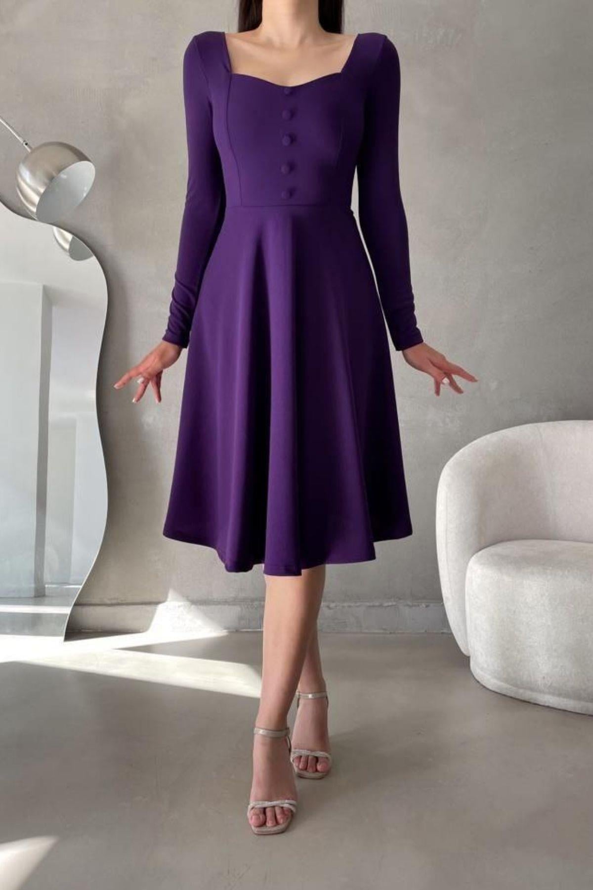 Midi Boy Düğmeli Kloş Elbise Mor