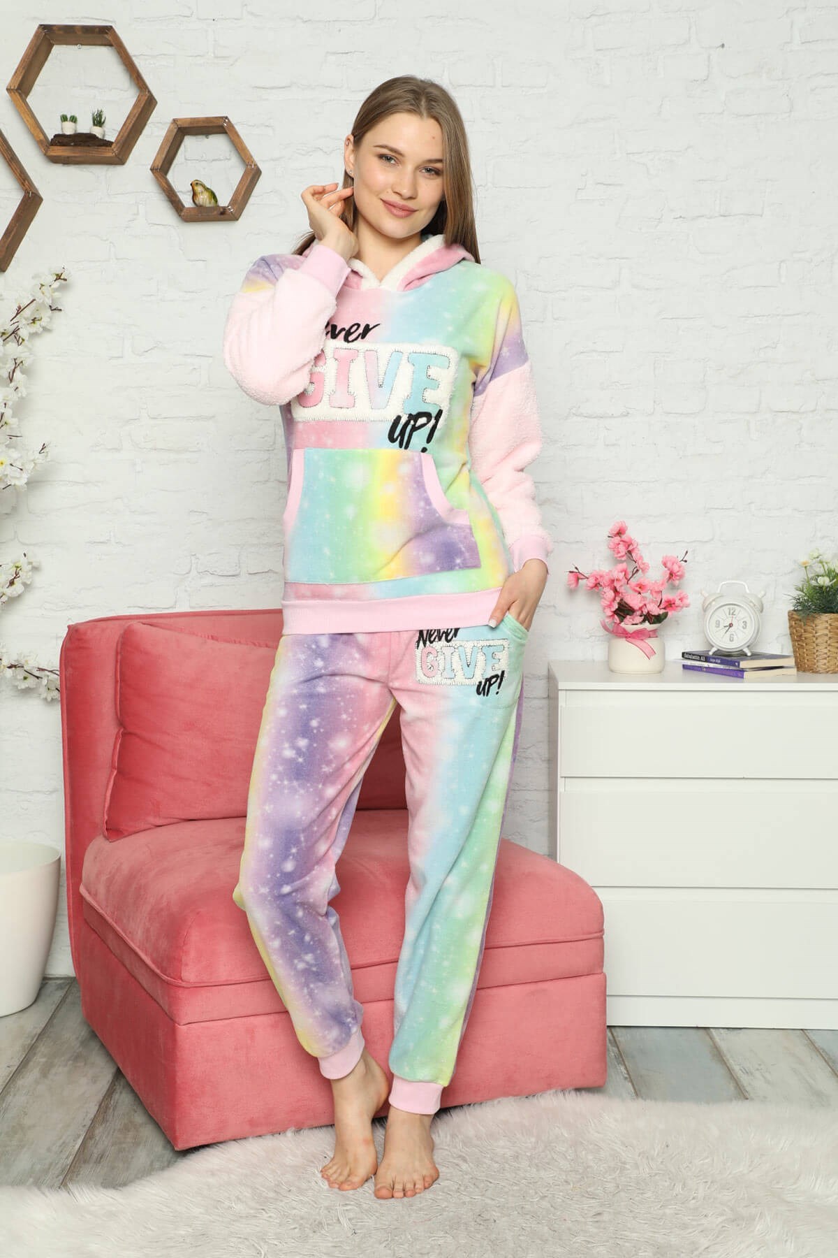 Never Give Up Kışlık Polar Pijama Takımı