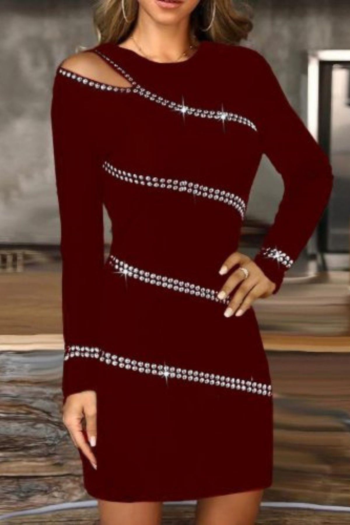 Omuz Pencere Detay Taş İşlemeli  Mini Elbise Bordo