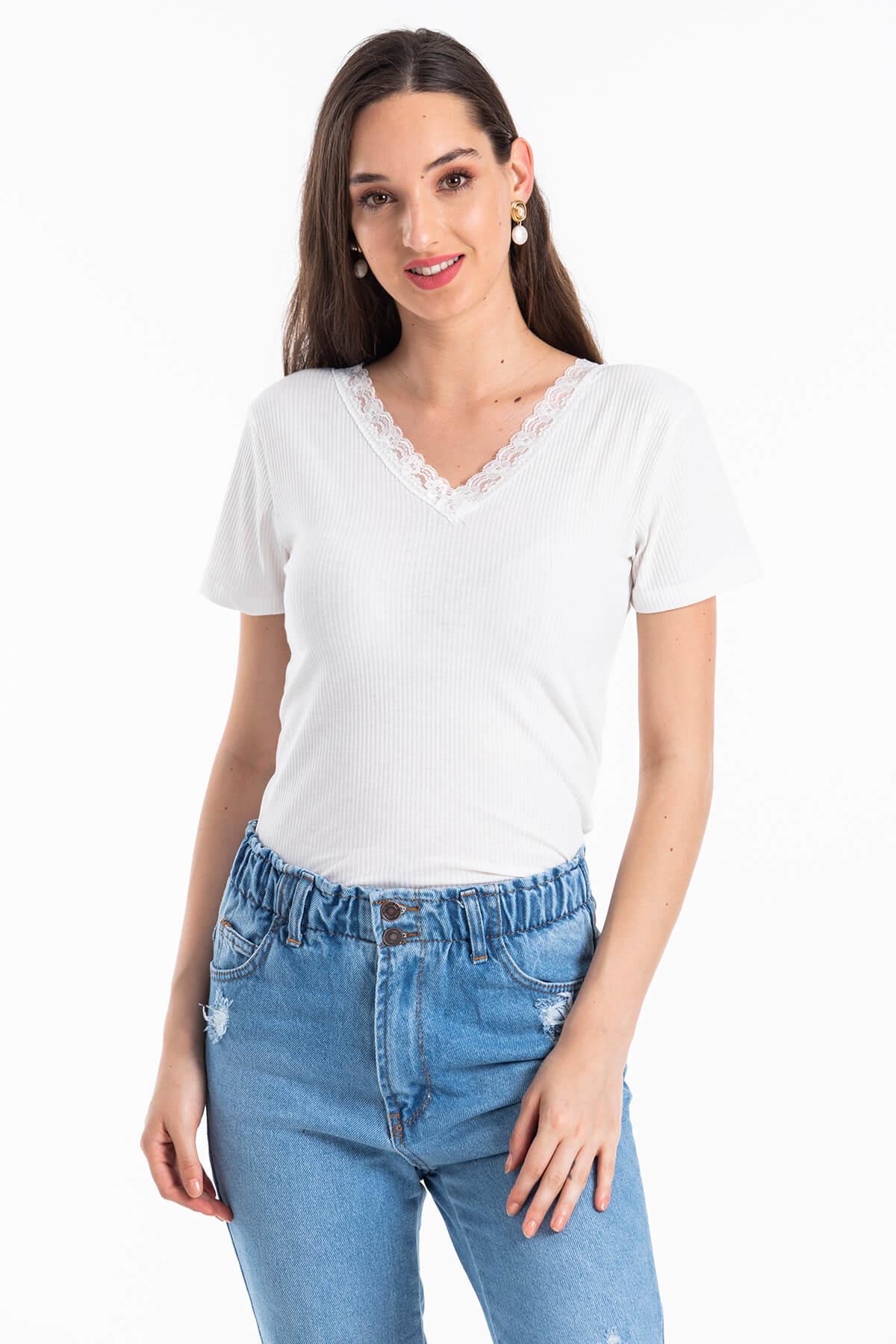 Ön Arka V Yaka Kaşkorse T-Shirt Beyaz