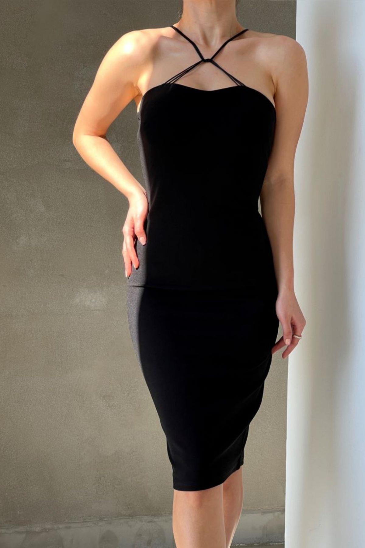 Önü Çapraz İp Askılı Krep Elbise Siyah