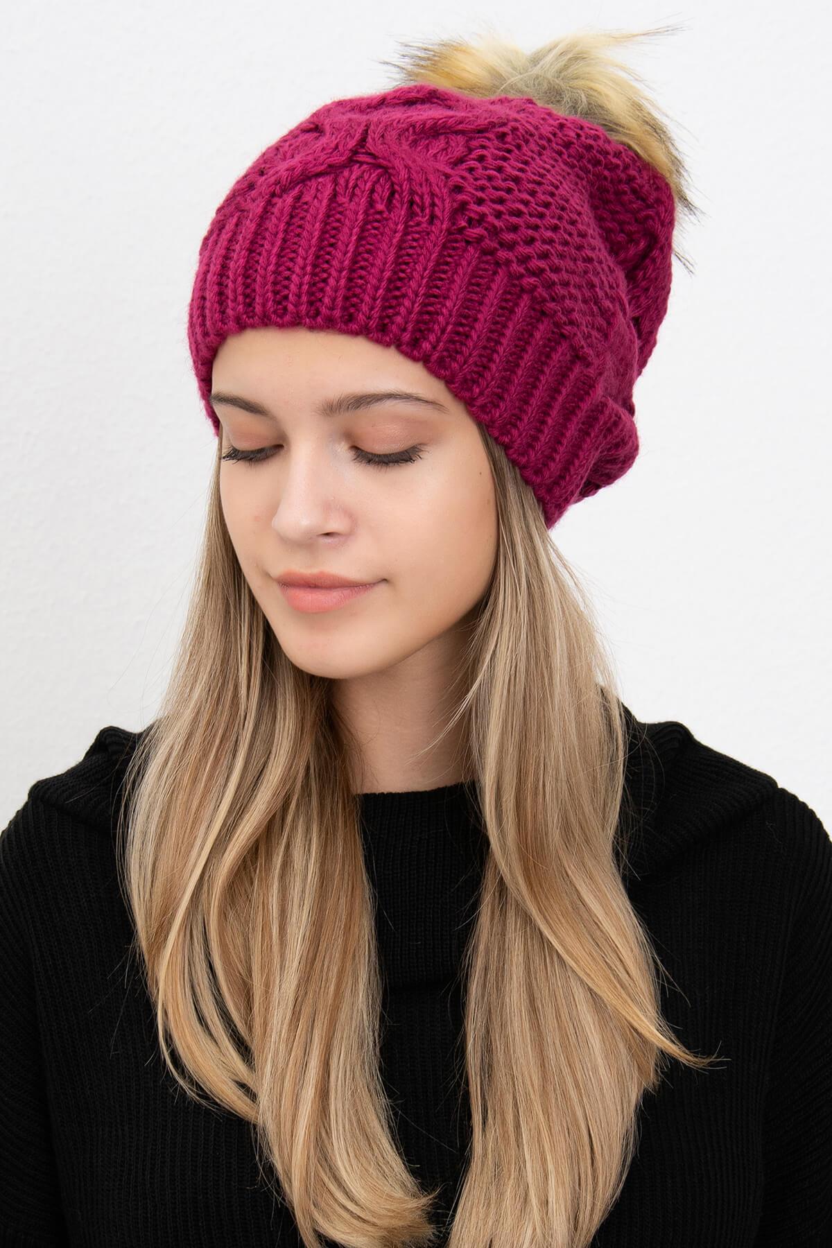 Örgü Desen Kadın Bere Vişne