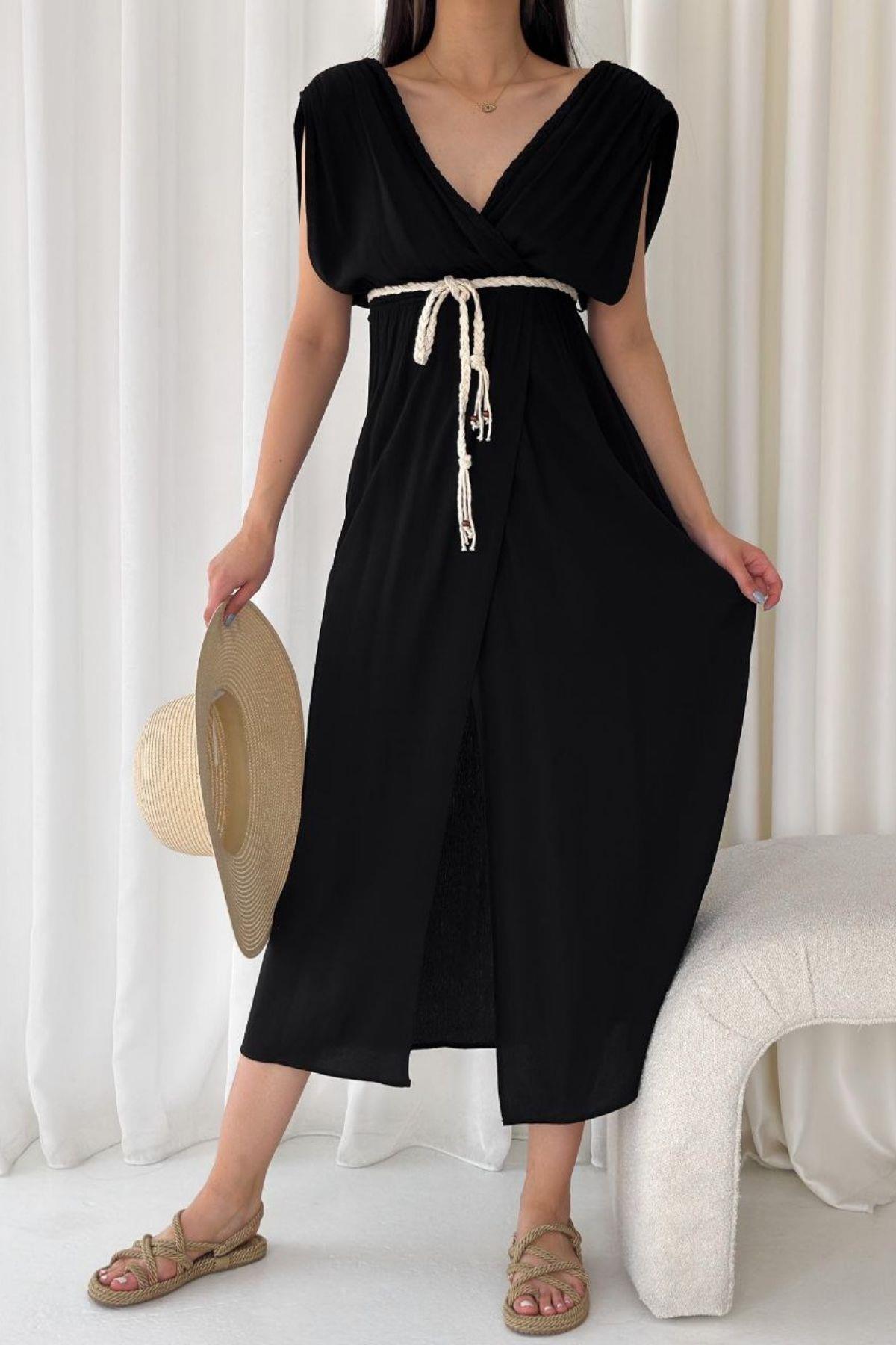 Örgü Kemerli Derin V Yaka Krinkıl Uzun Elbise Siyah