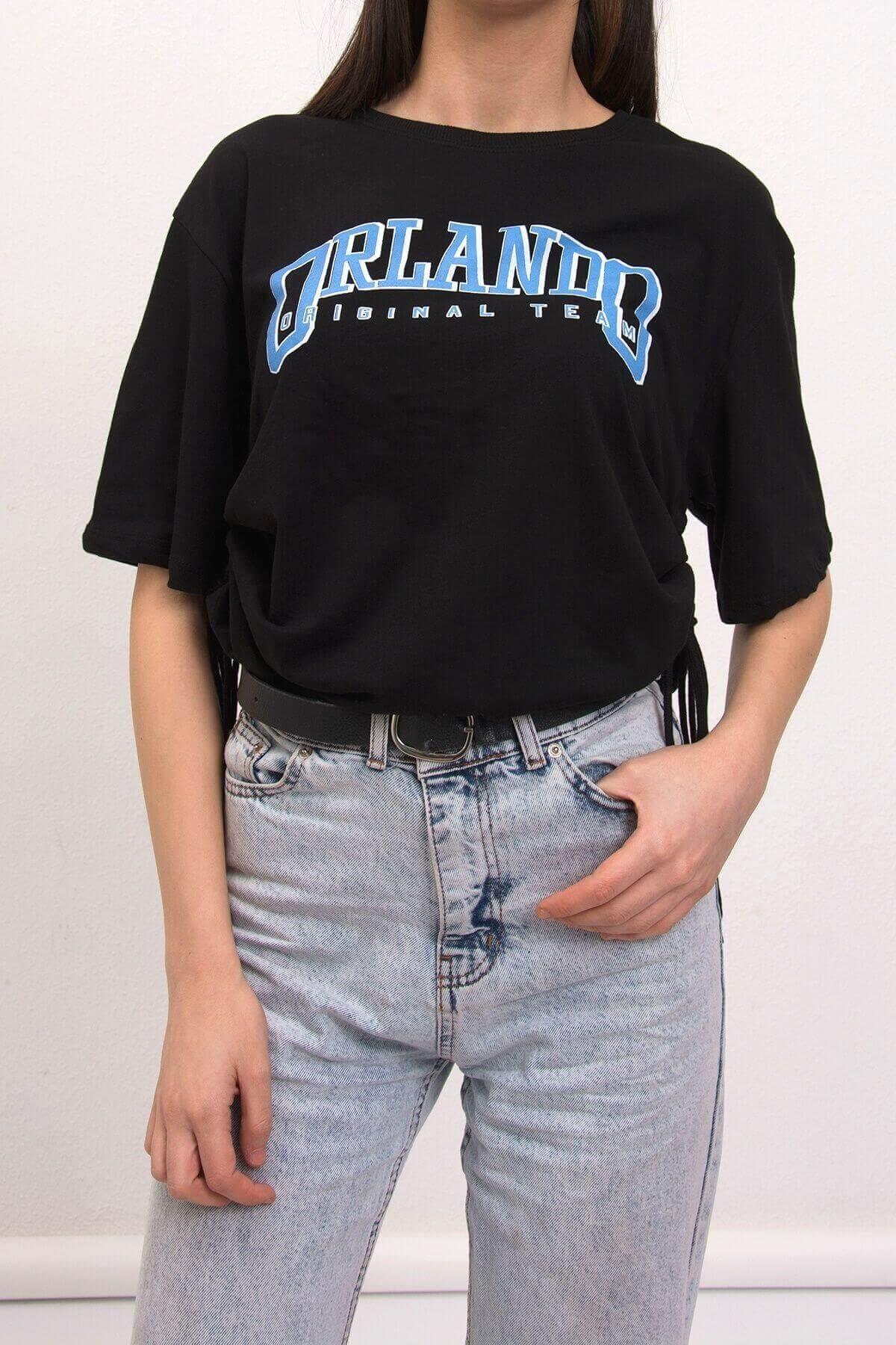 Orlando Yandan Büzgülü Siyah T-Shirt