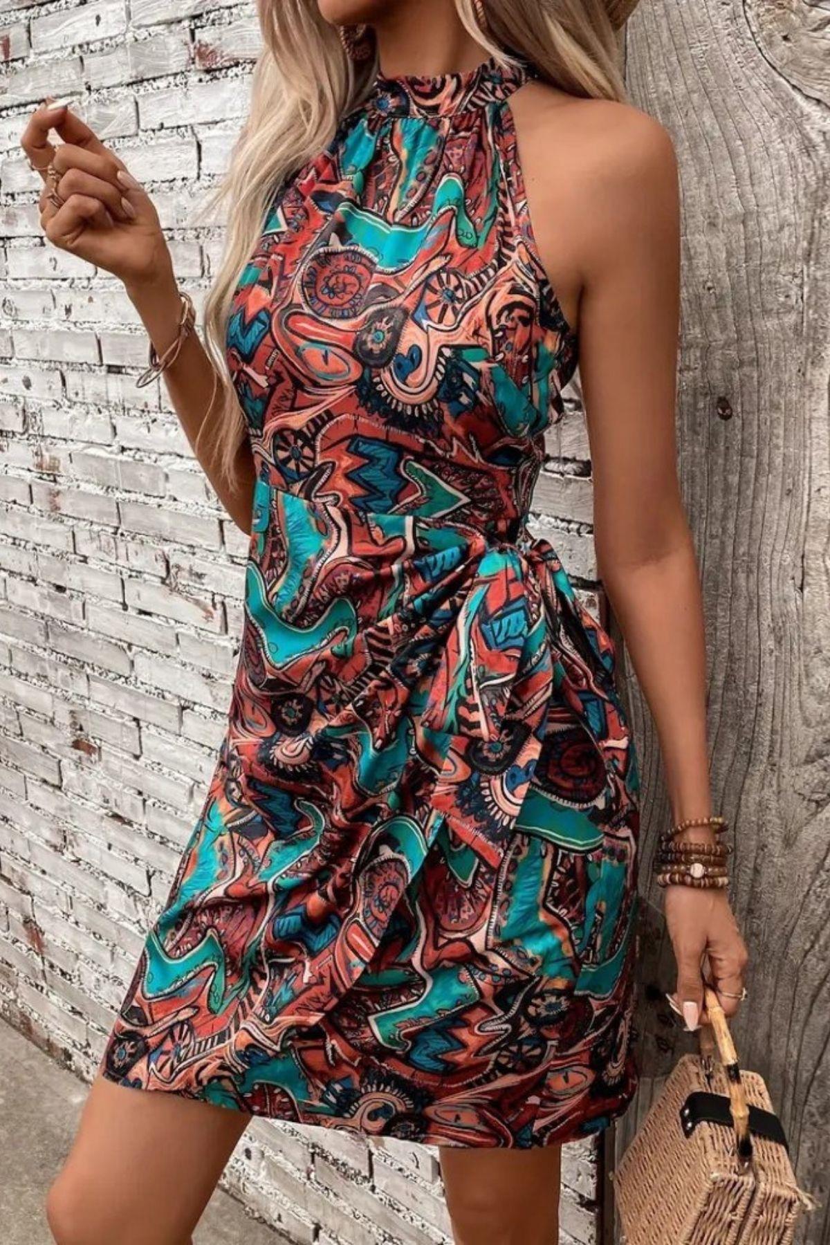 Otantik Desen Bağlama Detaylı Süprem Elbise Mavi