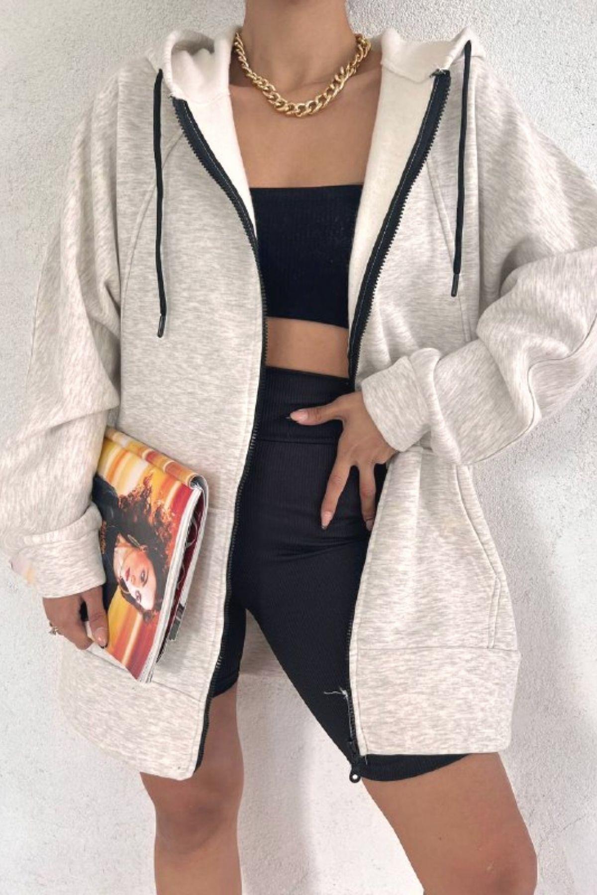 Oversize Fermuarlı Kalın Sweat Gri