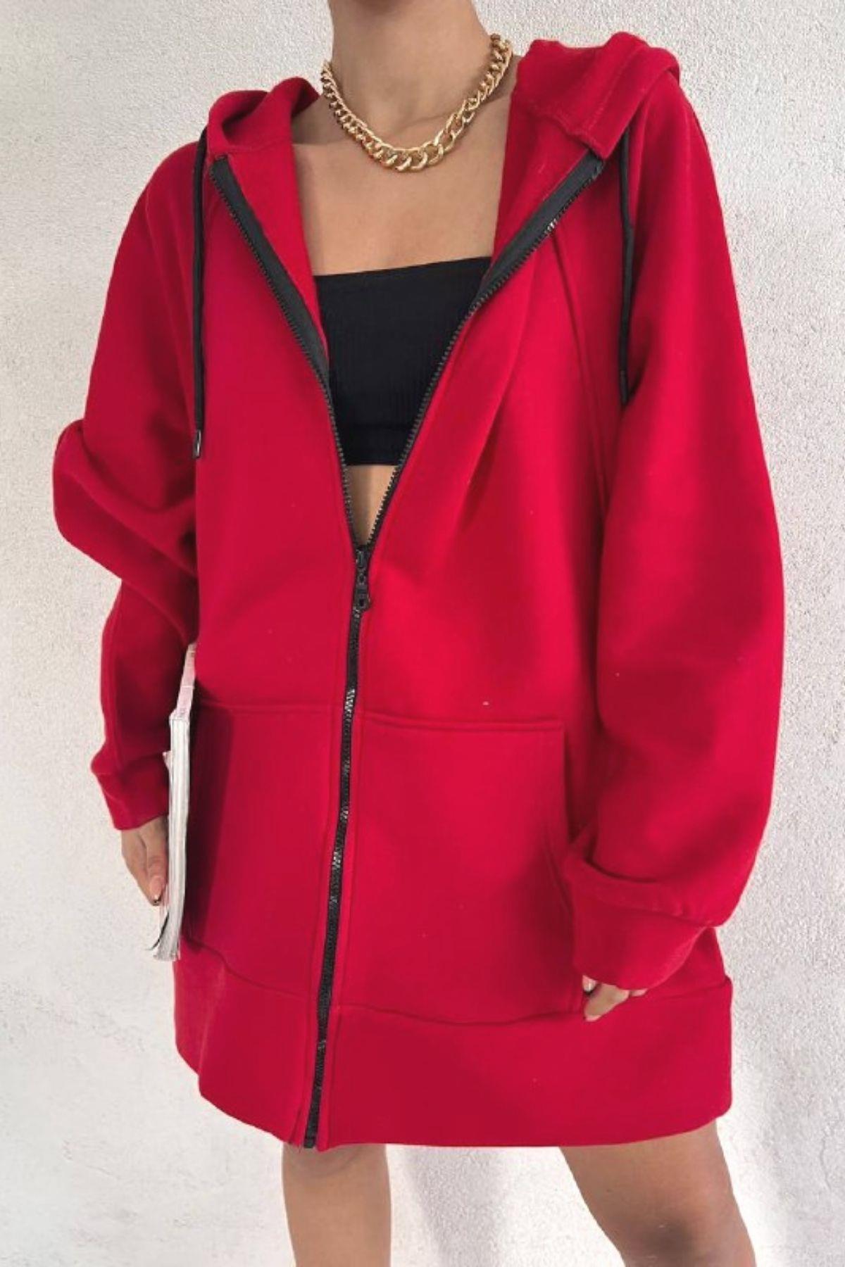 Oversize Fermuarlı Kalın Sweat Kırmızı