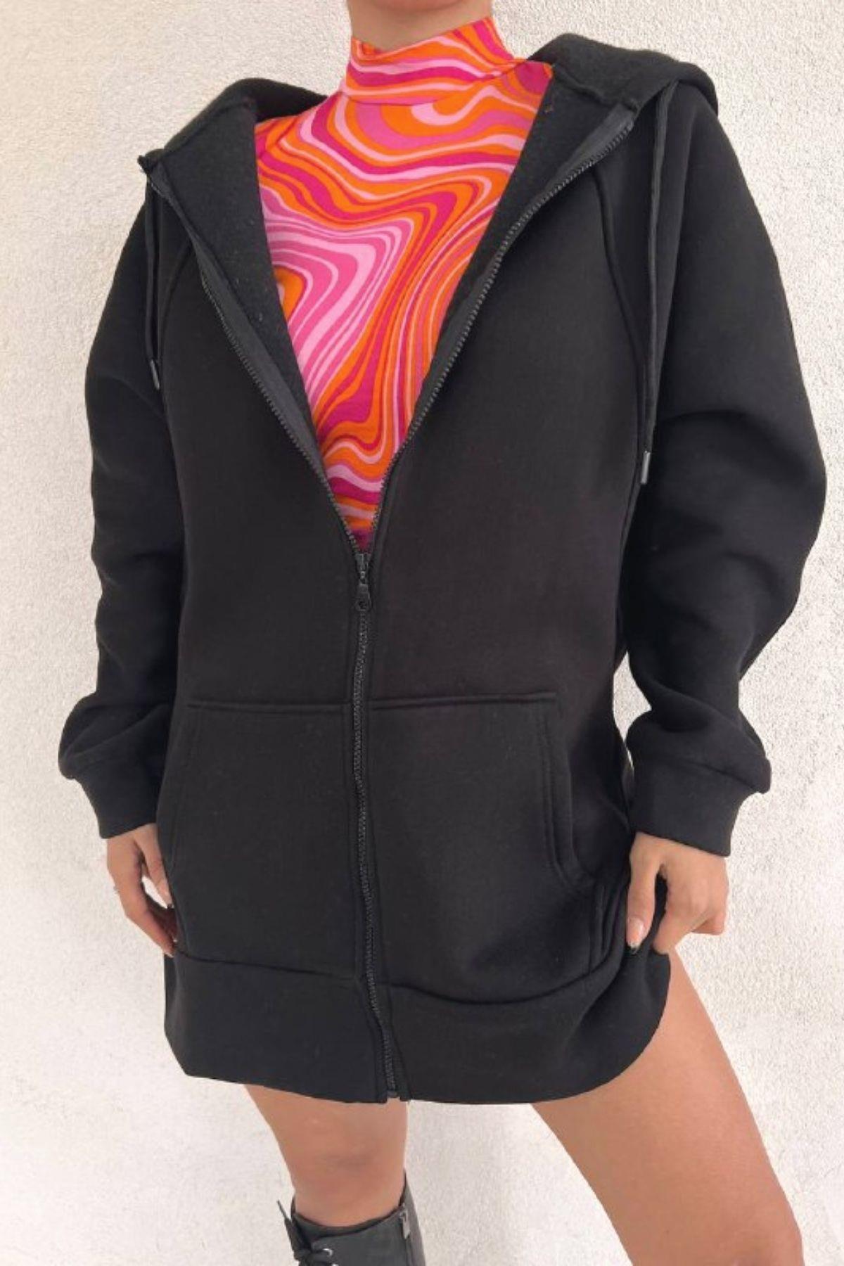 Oversize Fermuarlı Kalın Sweat Siyah