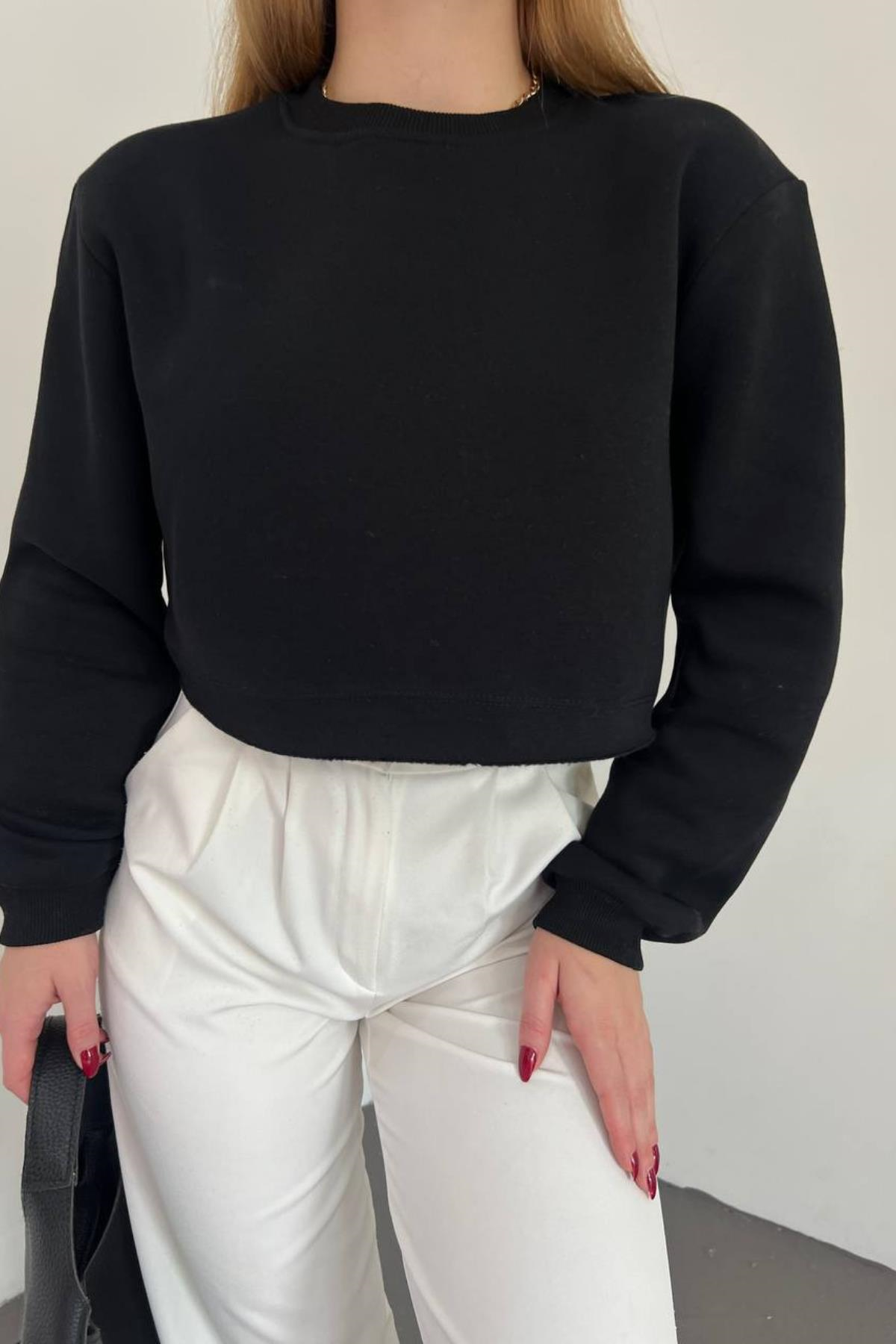 Oversize Polarlı Kısa Sweat Siyah