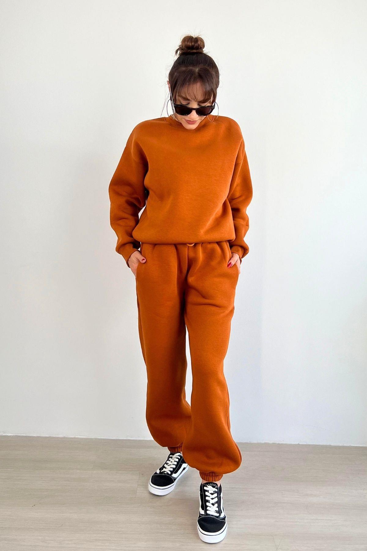 Oversize Polarlı Premium Kalın Eşofman Takım Taba