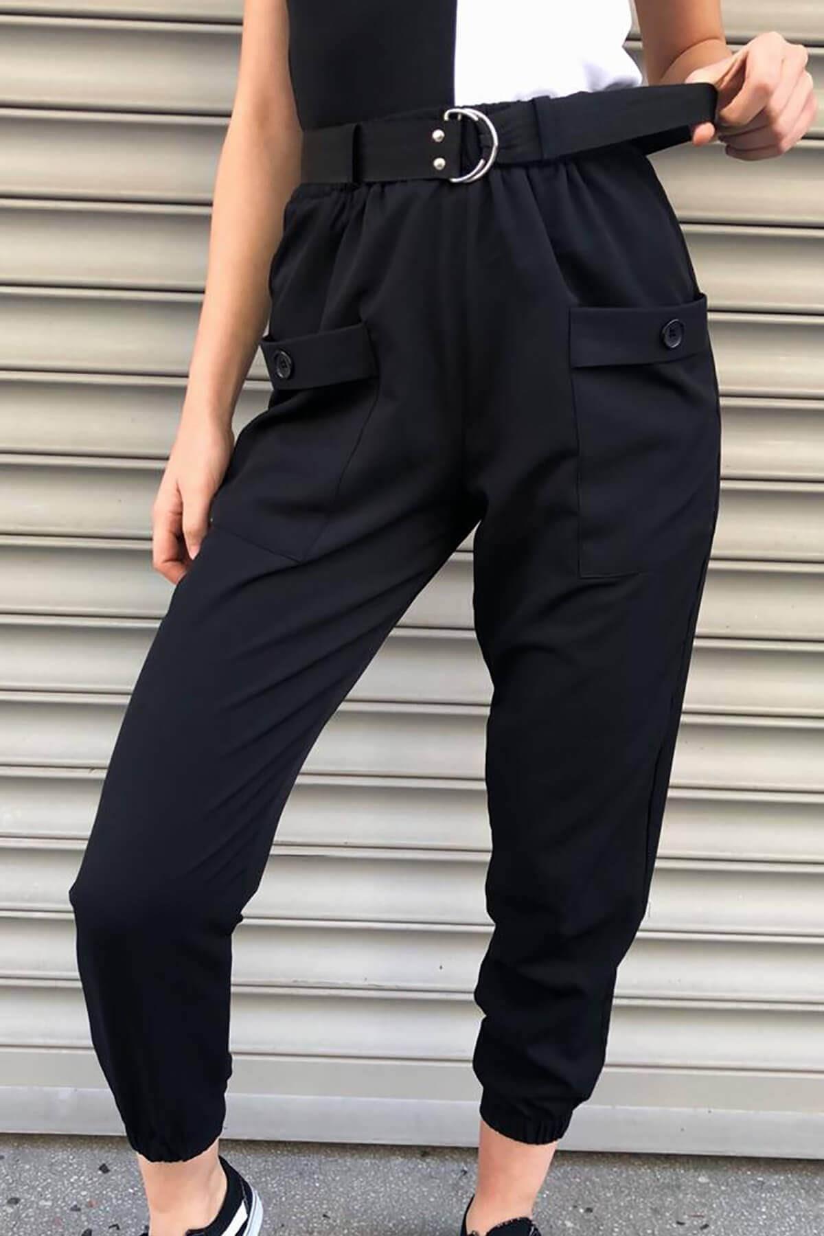 Paça Lastikli Kemerli Pantolon Siyah