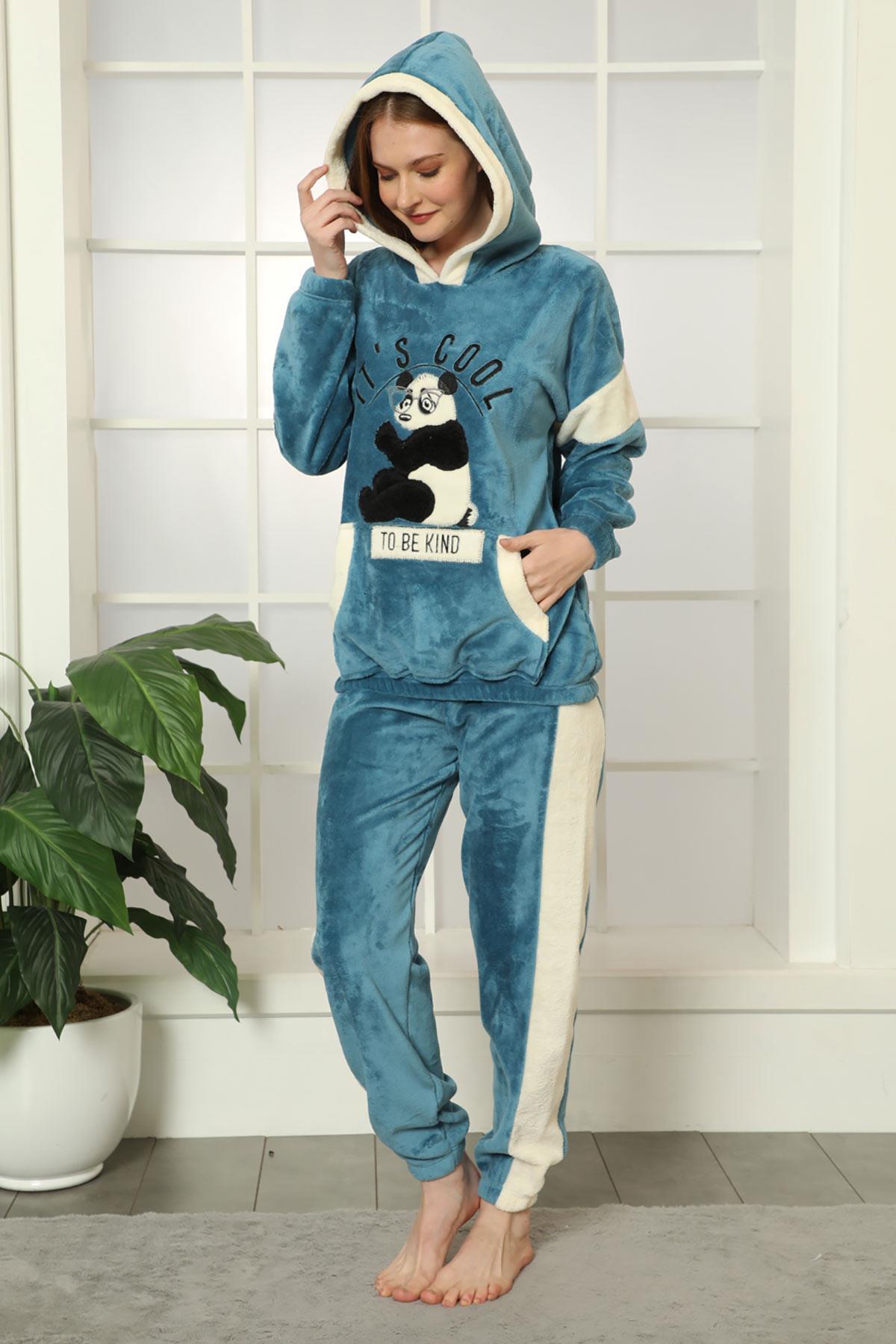 Panda Kapüşonlu Kadife Pijama Takımı