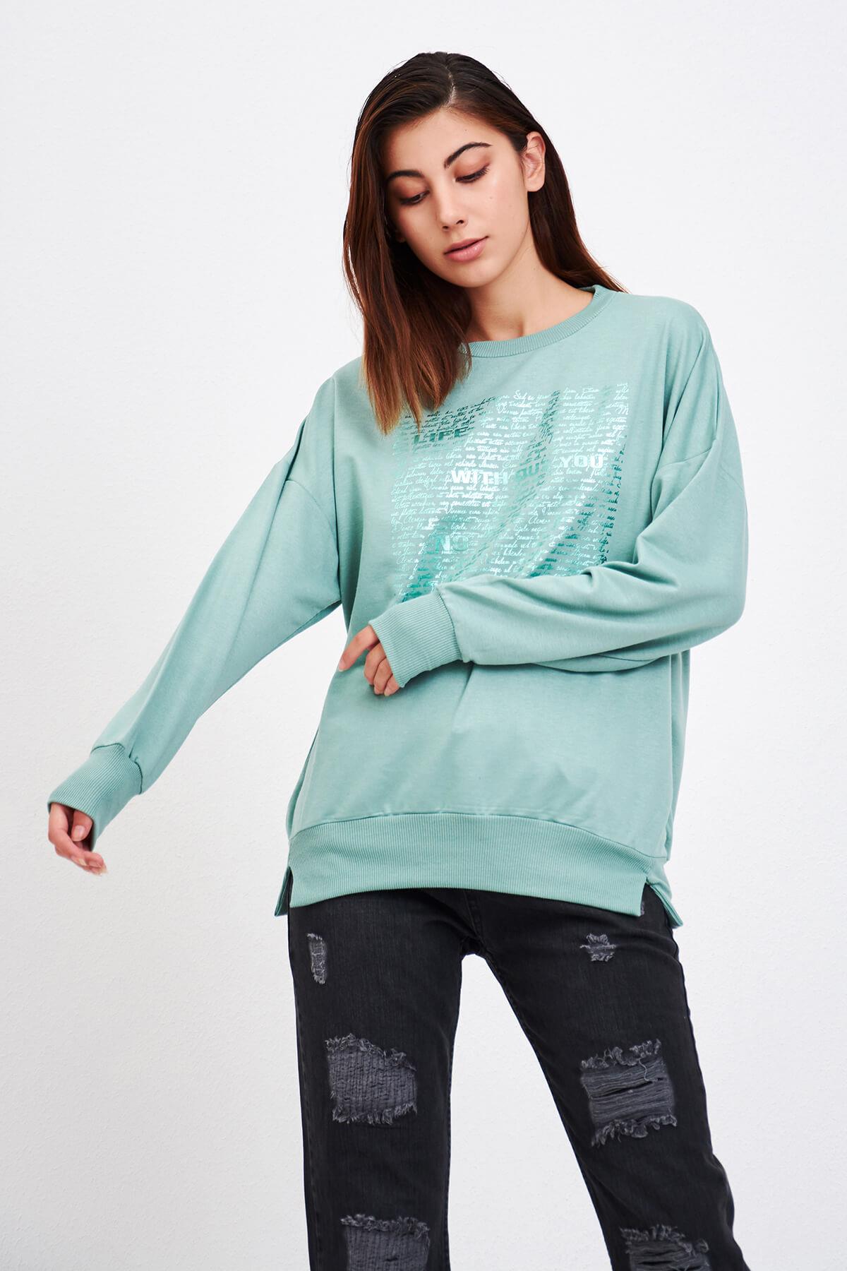 Parlak Yazı Detaylı Sweat Mint