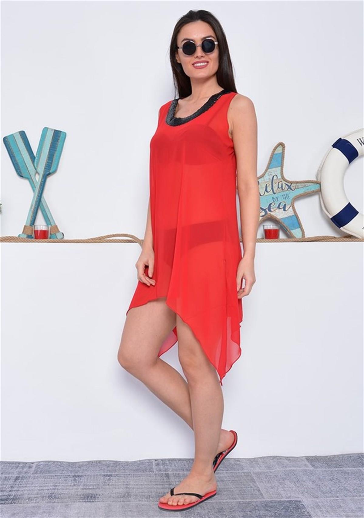 Payetli Elbise Pareo Bordo