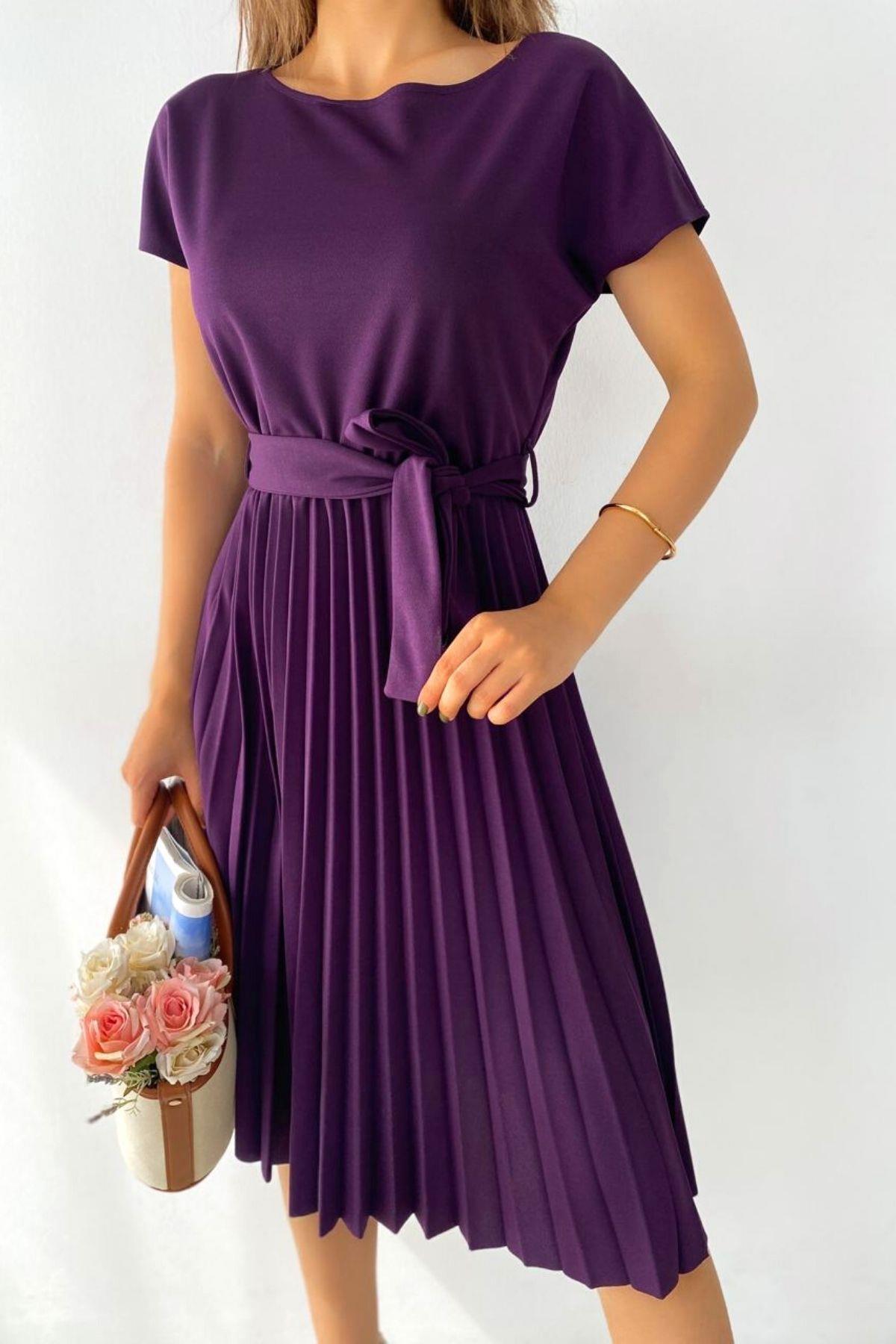 Piliseli Kuşaklı Krep Elbise Mor 582059