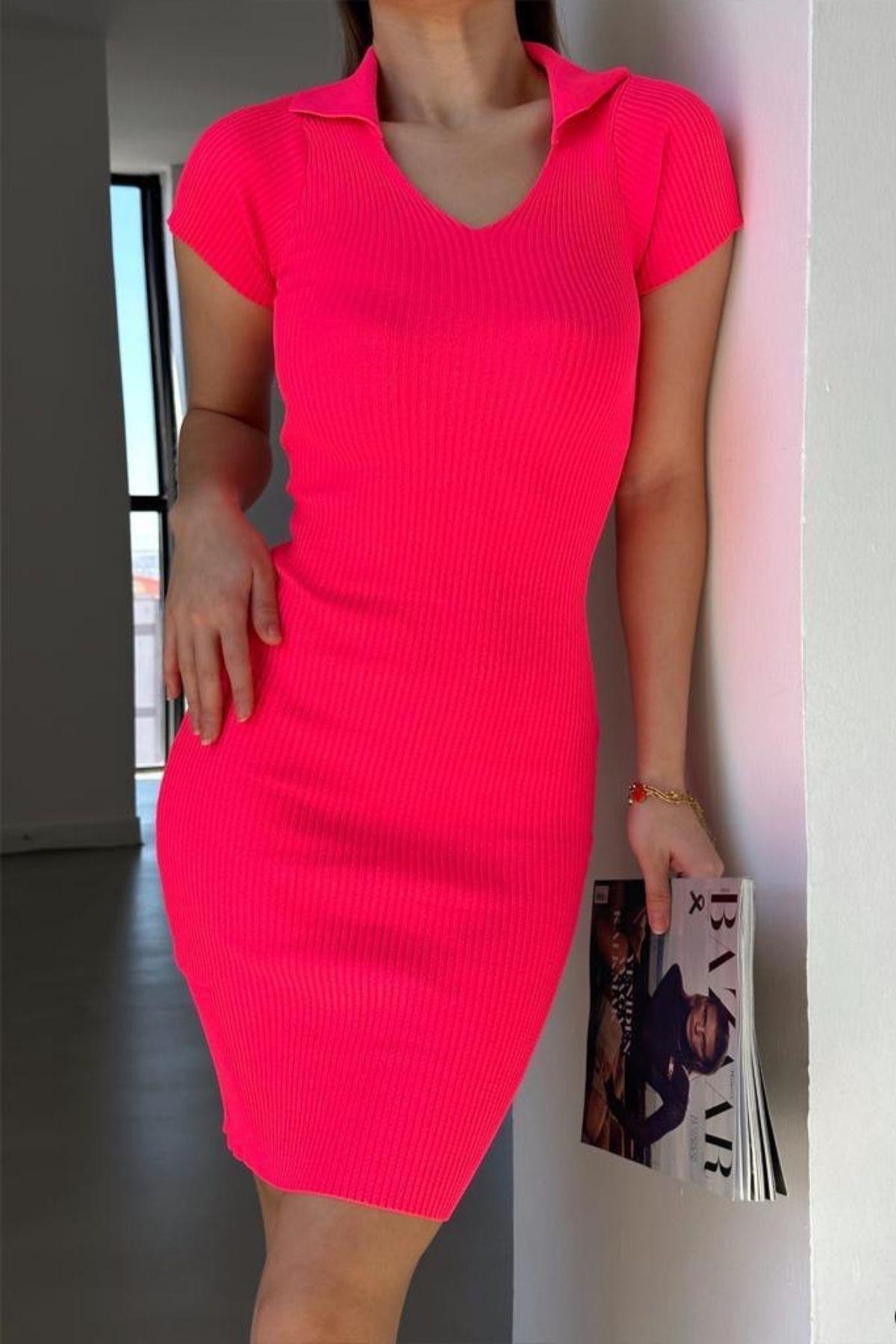 Polo Yaka Fitilli Kısa Kollu Triko Elbise Fuşya