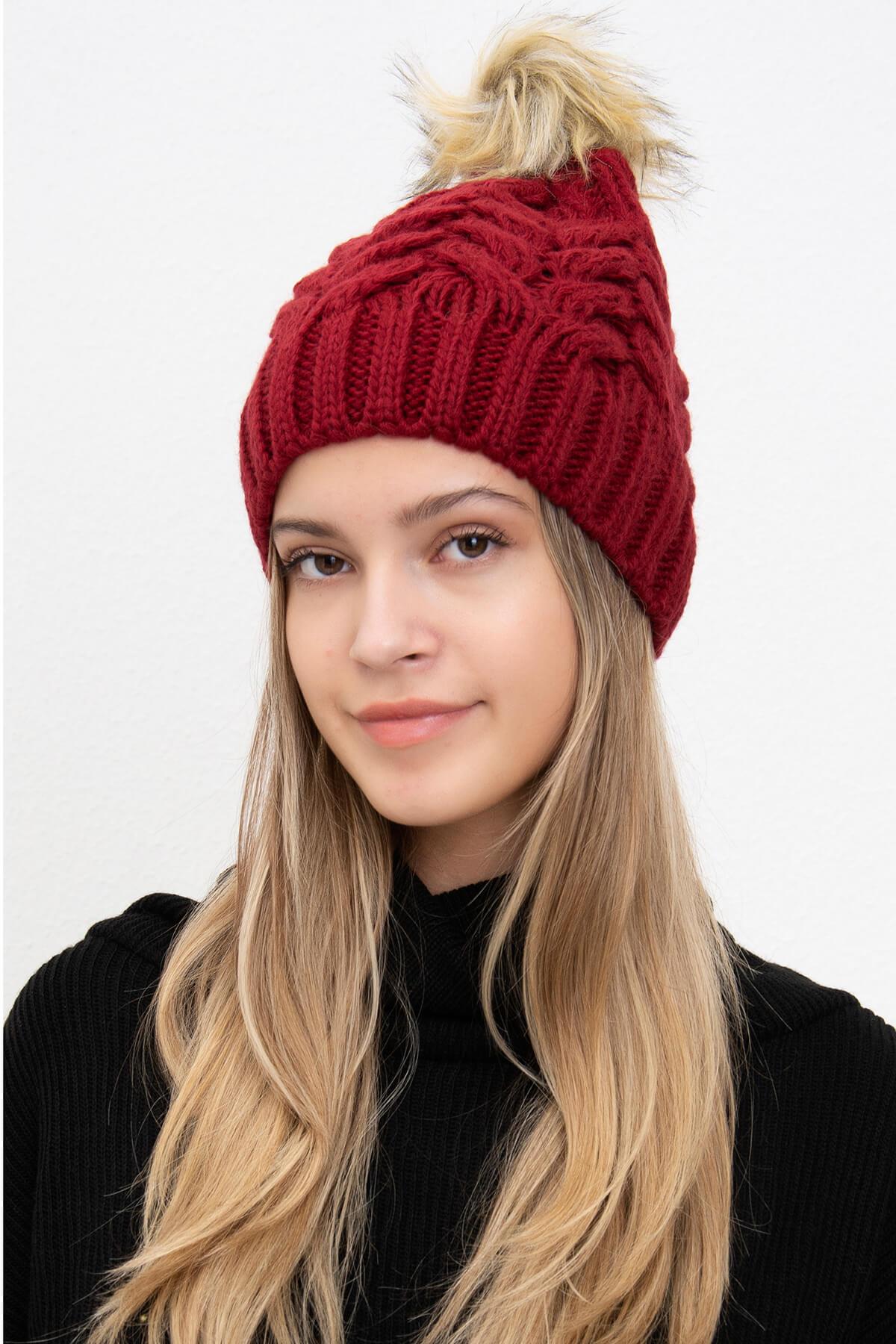 Ponponlu Kadın Bere Bordo