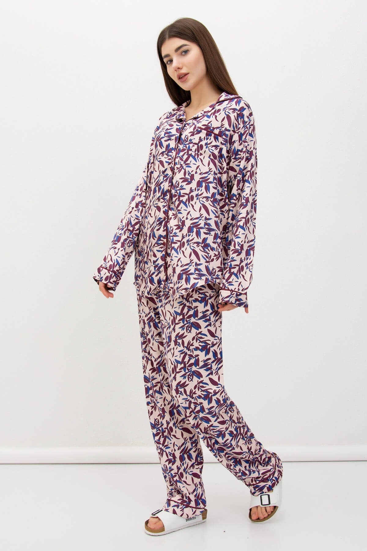 Poplin Düğmeli Kadın Pijama Takımı Pudra