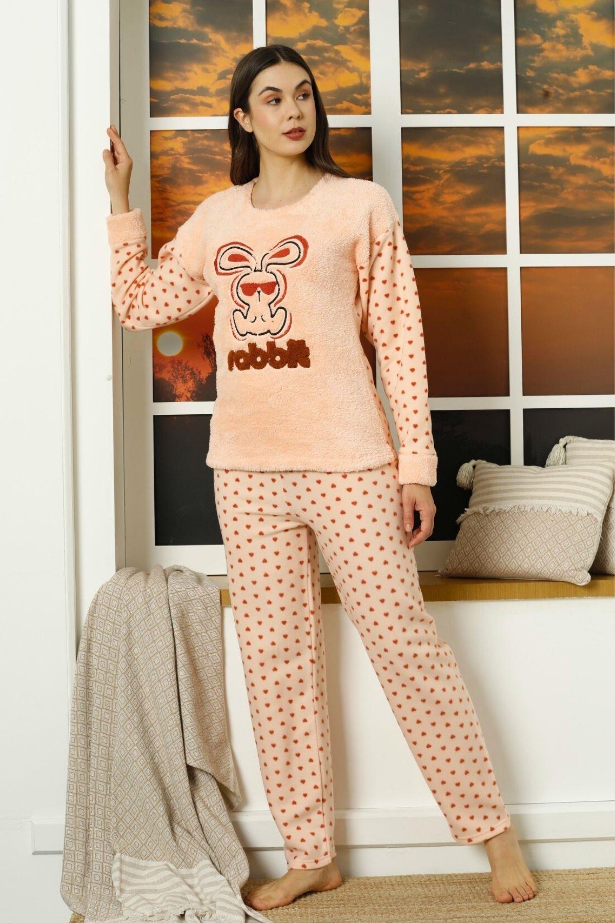 Rabit Kalp Desenli Polar Pijama Takımı Pembe