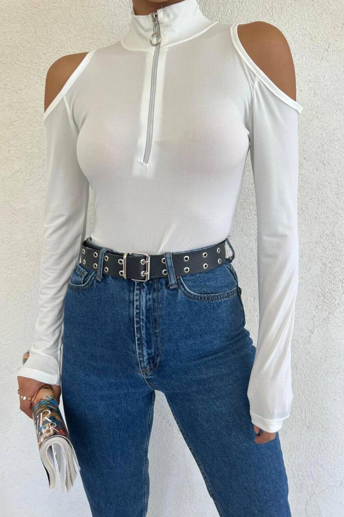 Sandy Fermuarlı Body Suit Beyaz