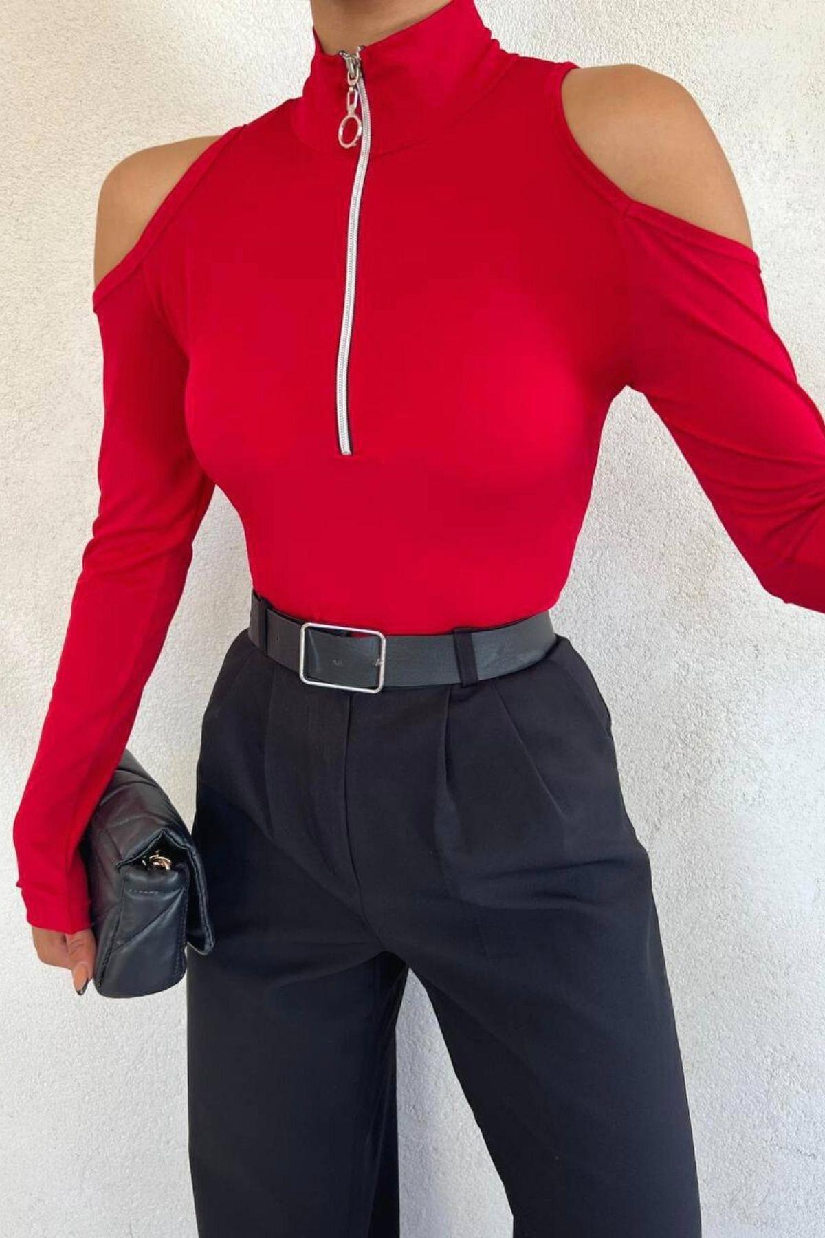 Sandy Fermuarlı Body Suit Kırmızı