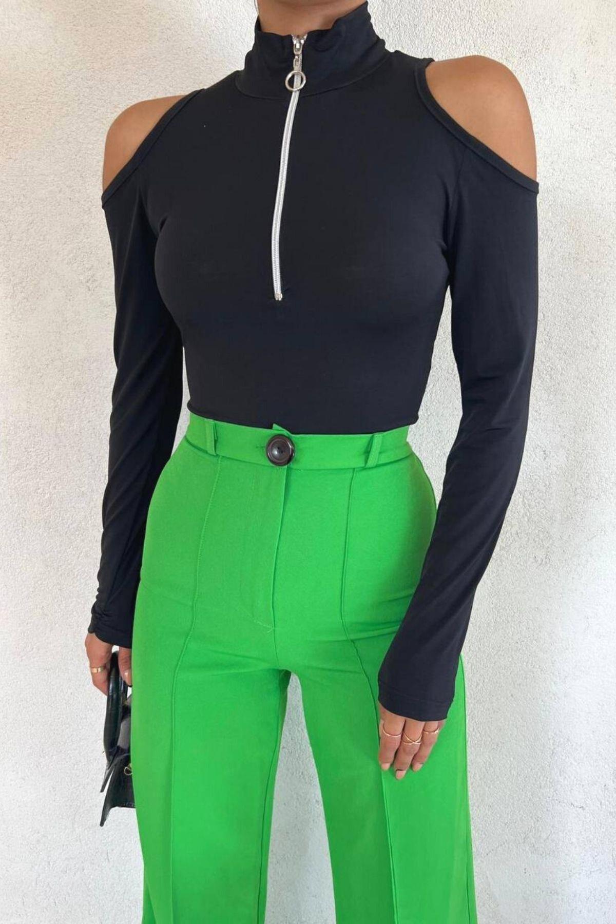 Sandy Fermuarlı Body Suit Siyah