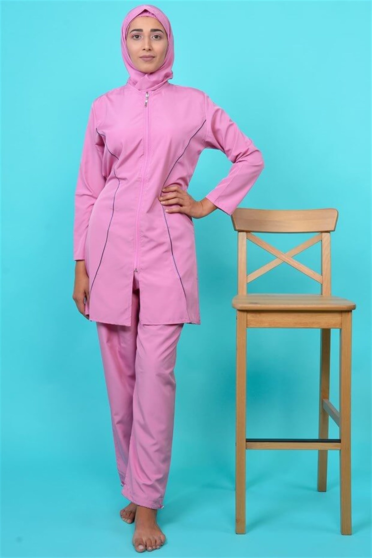 Şeritli Tam Tesettür Mayo Pembe