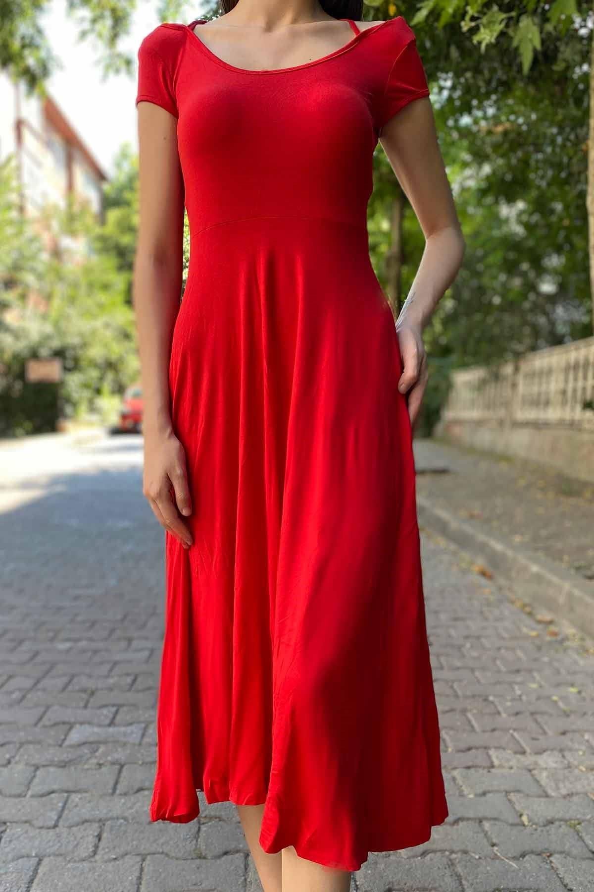 Sırtı Çapraz Detaylı Viskon Elbise Kırmızı