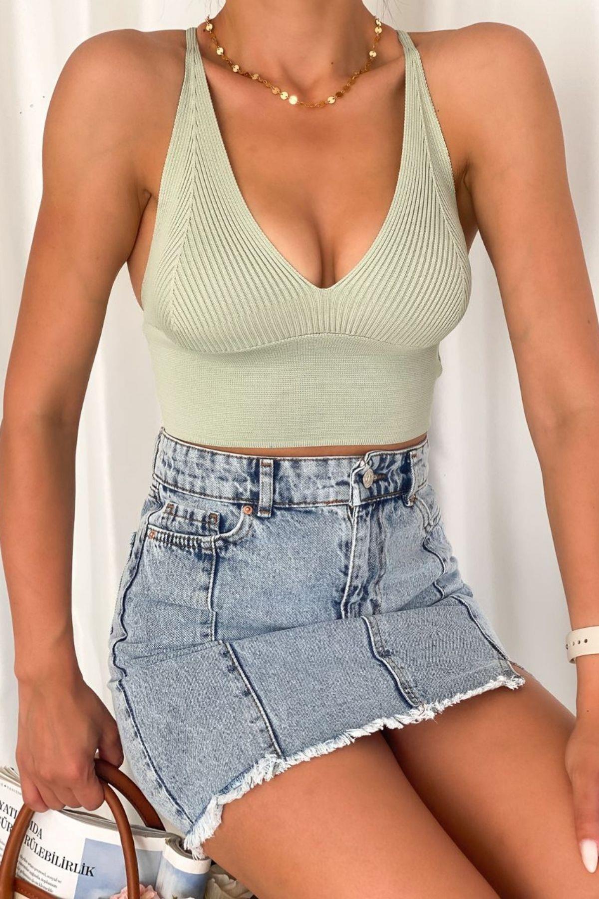 Sırtı Çapraz Triko Büstiyer Mint